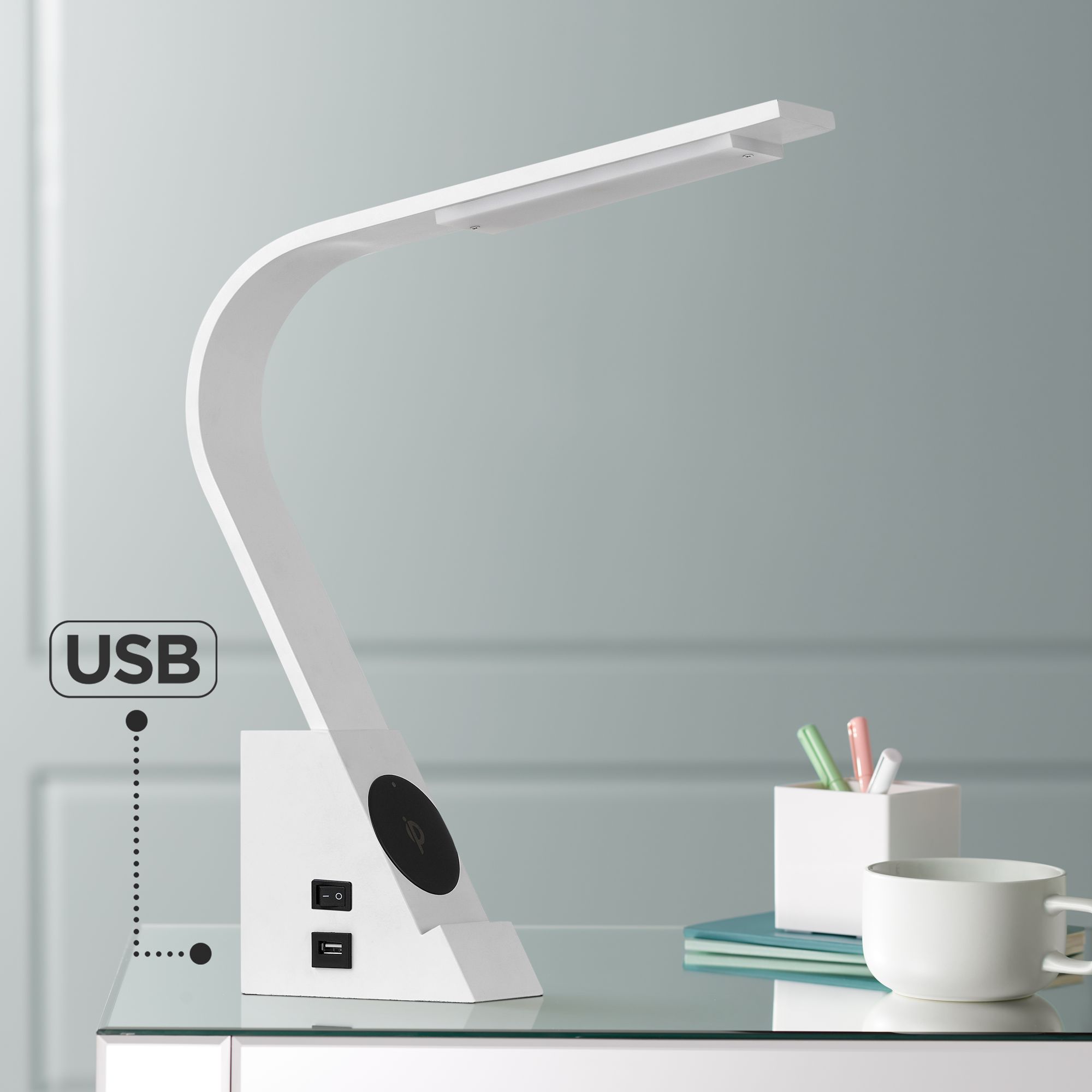 Convolution White LED Desk Lamp with USB Charging Ports