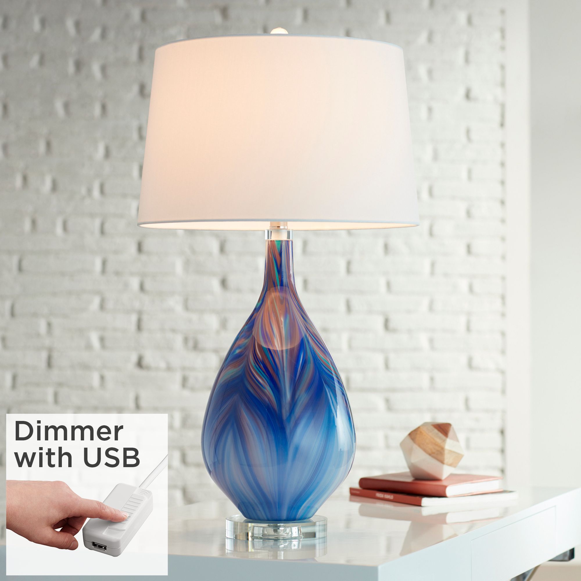 Possini Euro Taylor Blue Art Glass Table Lamp With USB Dimmer