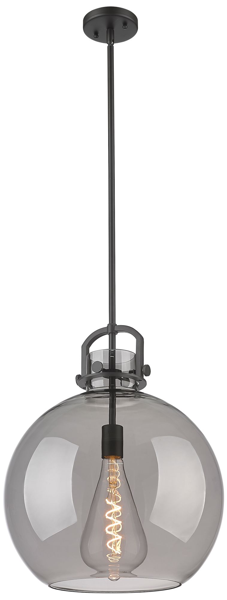 Newton Sphere 16" Wide Stem Hung Matte Black Pendant With Smoke Shade