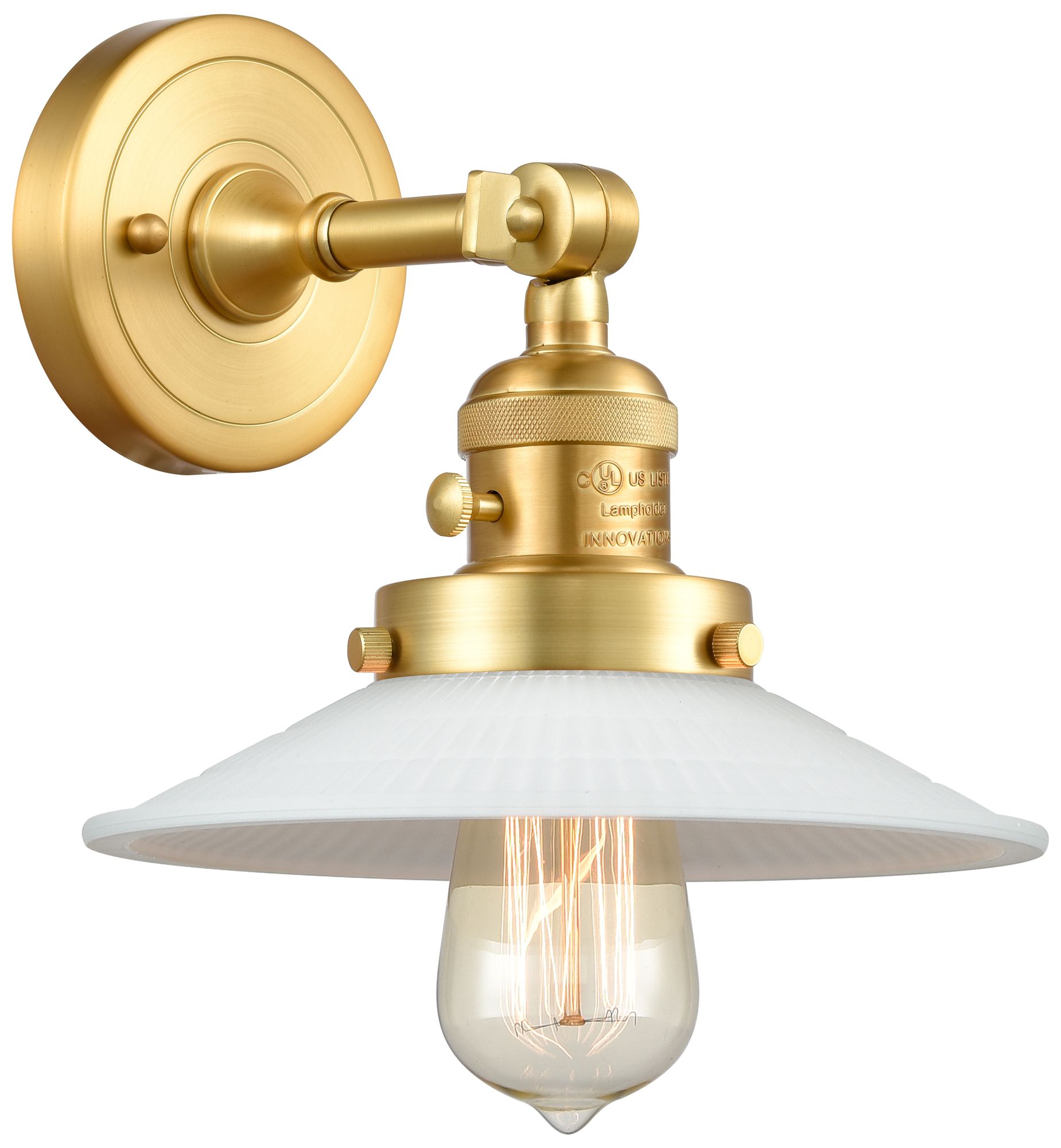 Halophane 8" High Satin Gold Sconce w/ Matte White Halophane Shade