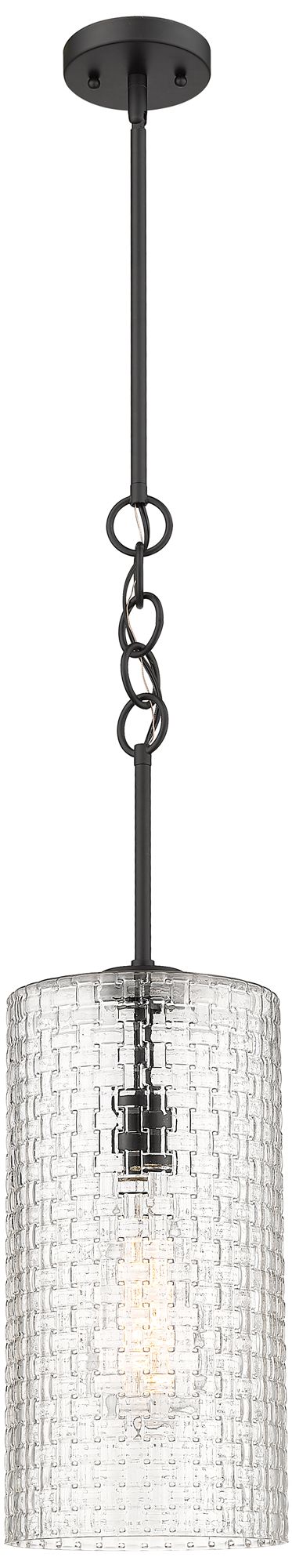 Wexford 8" Matte Black Stem Hung Mini Pendant w/ Clear Basket Weave Sh