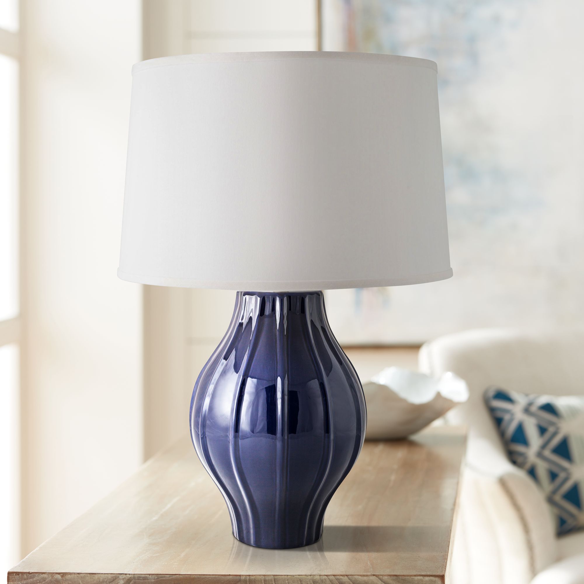 RiverCeramic? Large Fluted Gloss Navy Table Lamp