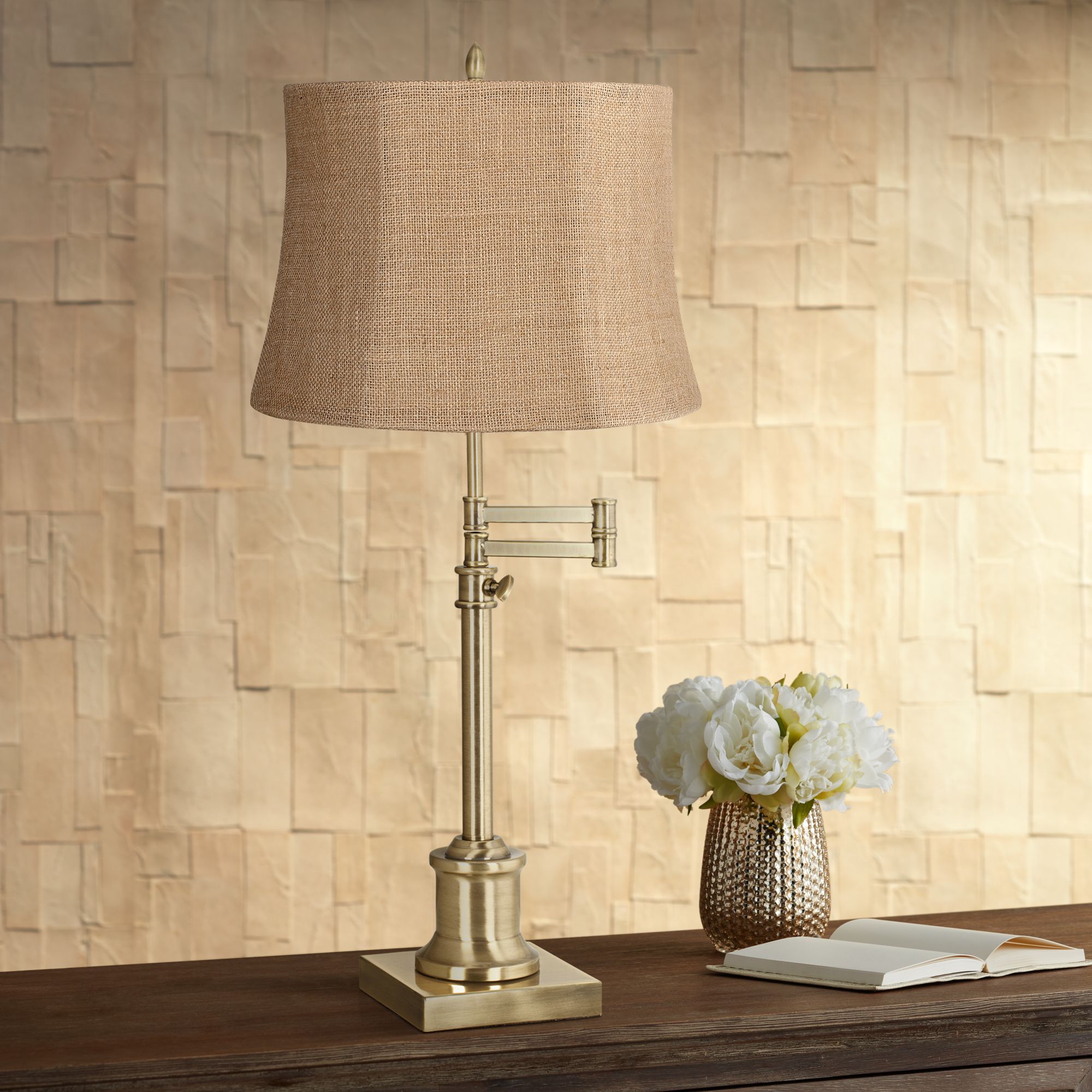 Westbury Natural Burlap Shade Brass Swing Arm Desk Lamp