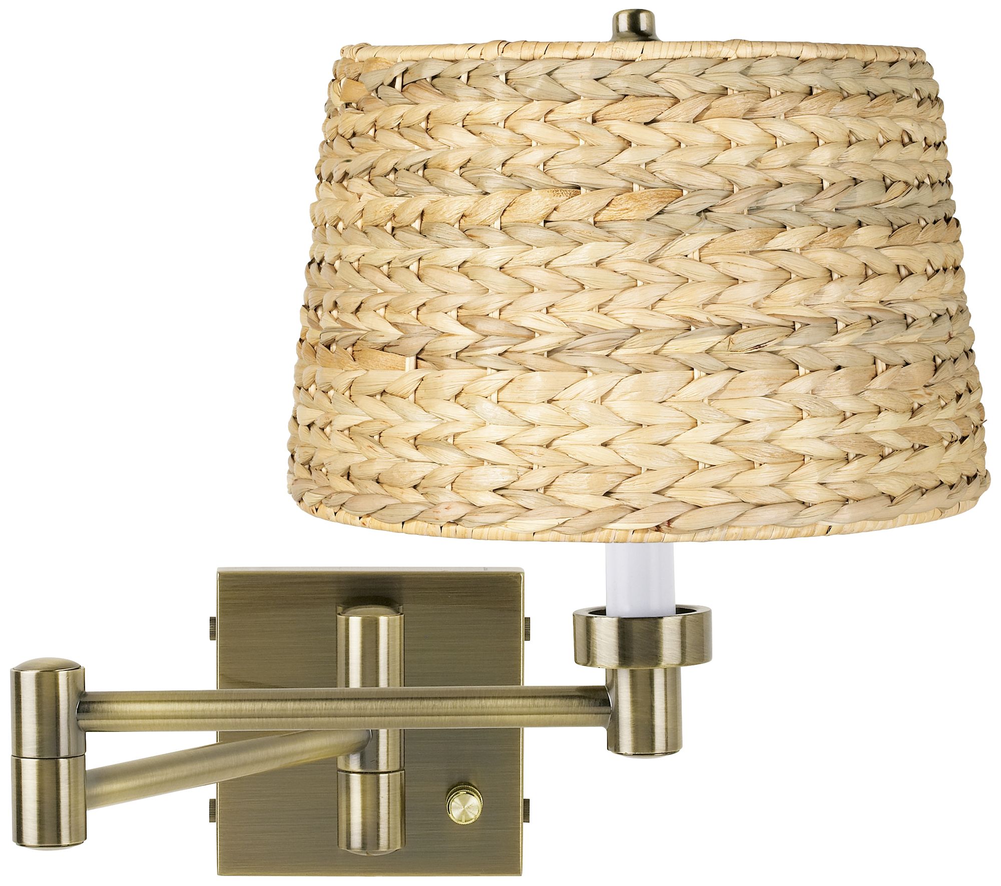 Woven Seagrass Antique Brass Plug-In Swing Arm Wall Lamp