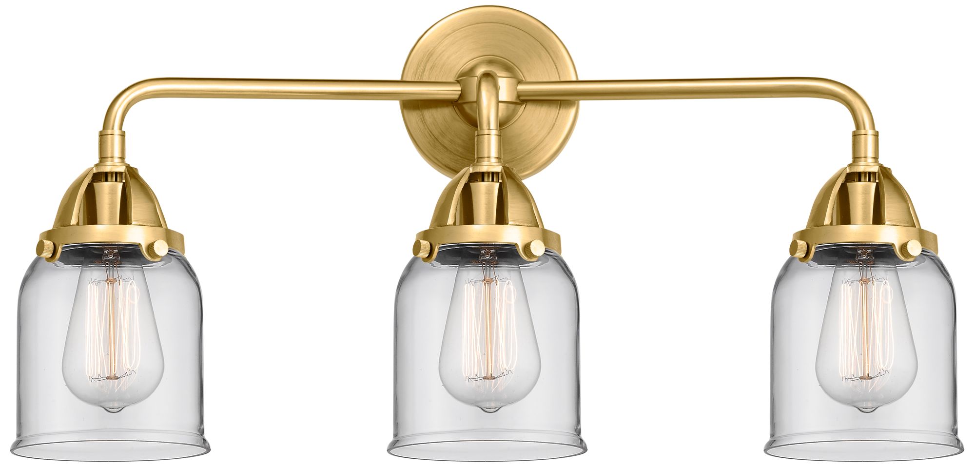 Nouveau 2 Bell 5" 3 Light 23" Bath Light - Satin Gold - Clear Sha