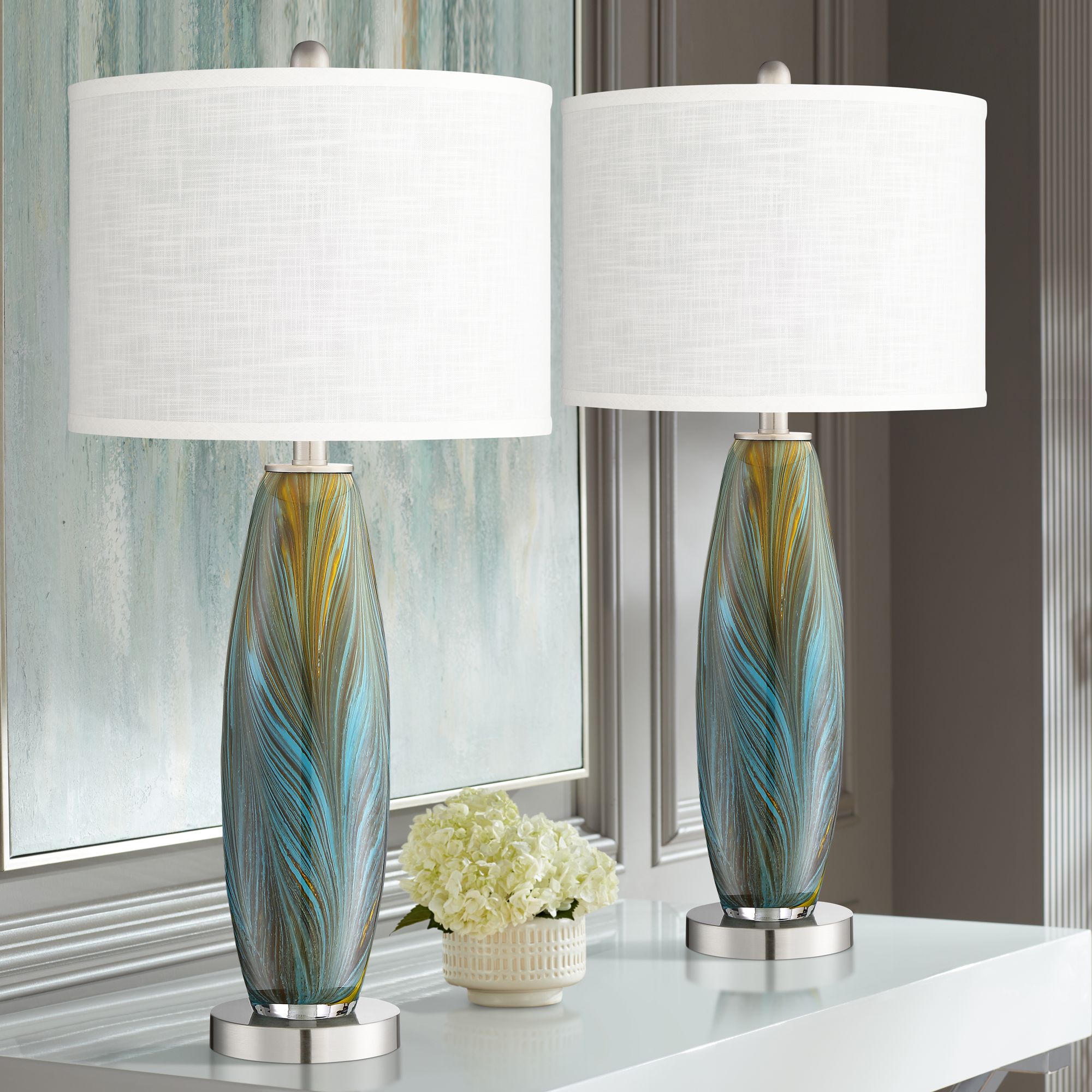 Azure Art Glass Table Lamps Set of 2 with Pure White Shade