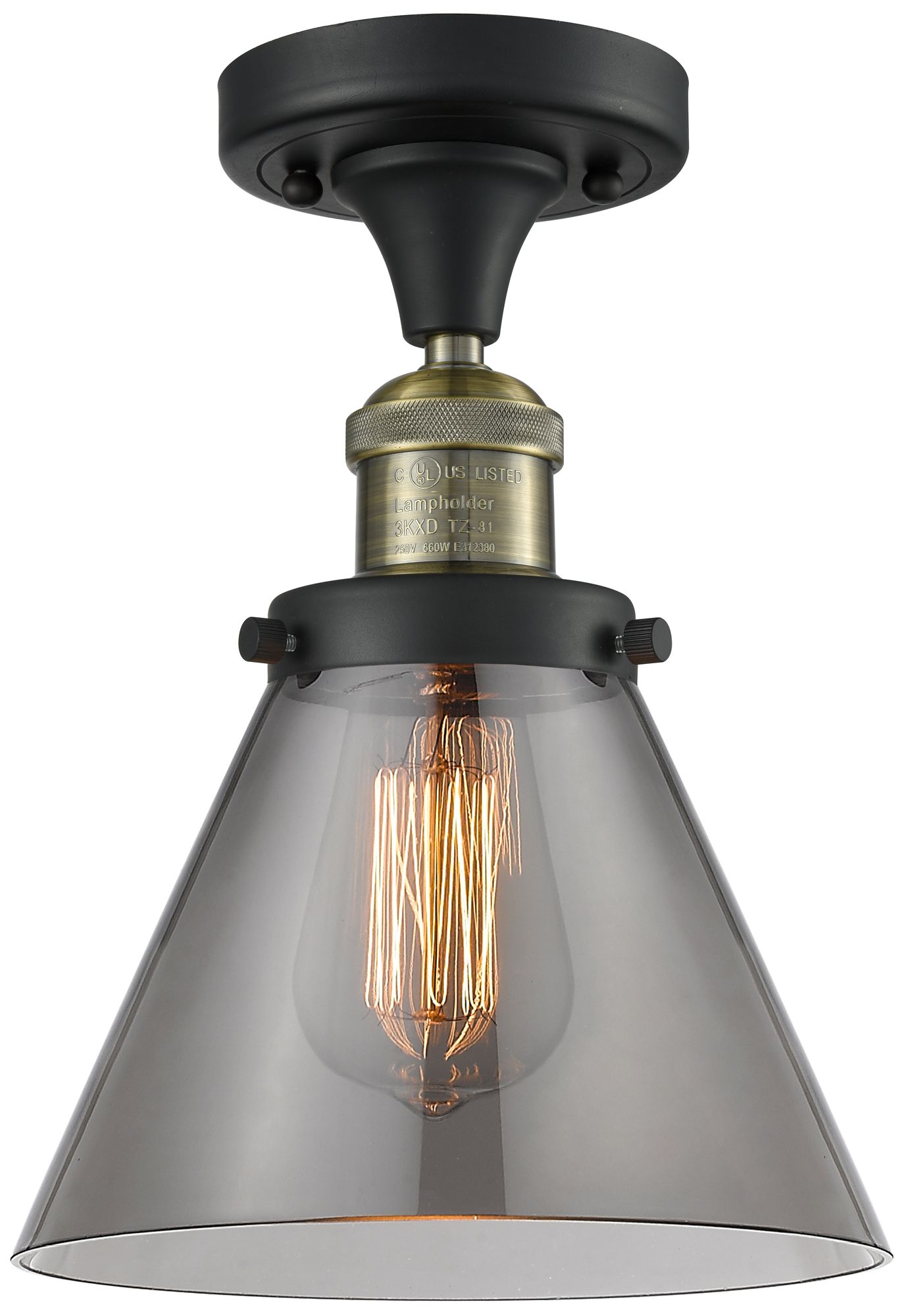 Cone 7.75" Wide Black Brass Semi Flush Mount w/ Plated Smoke Shade