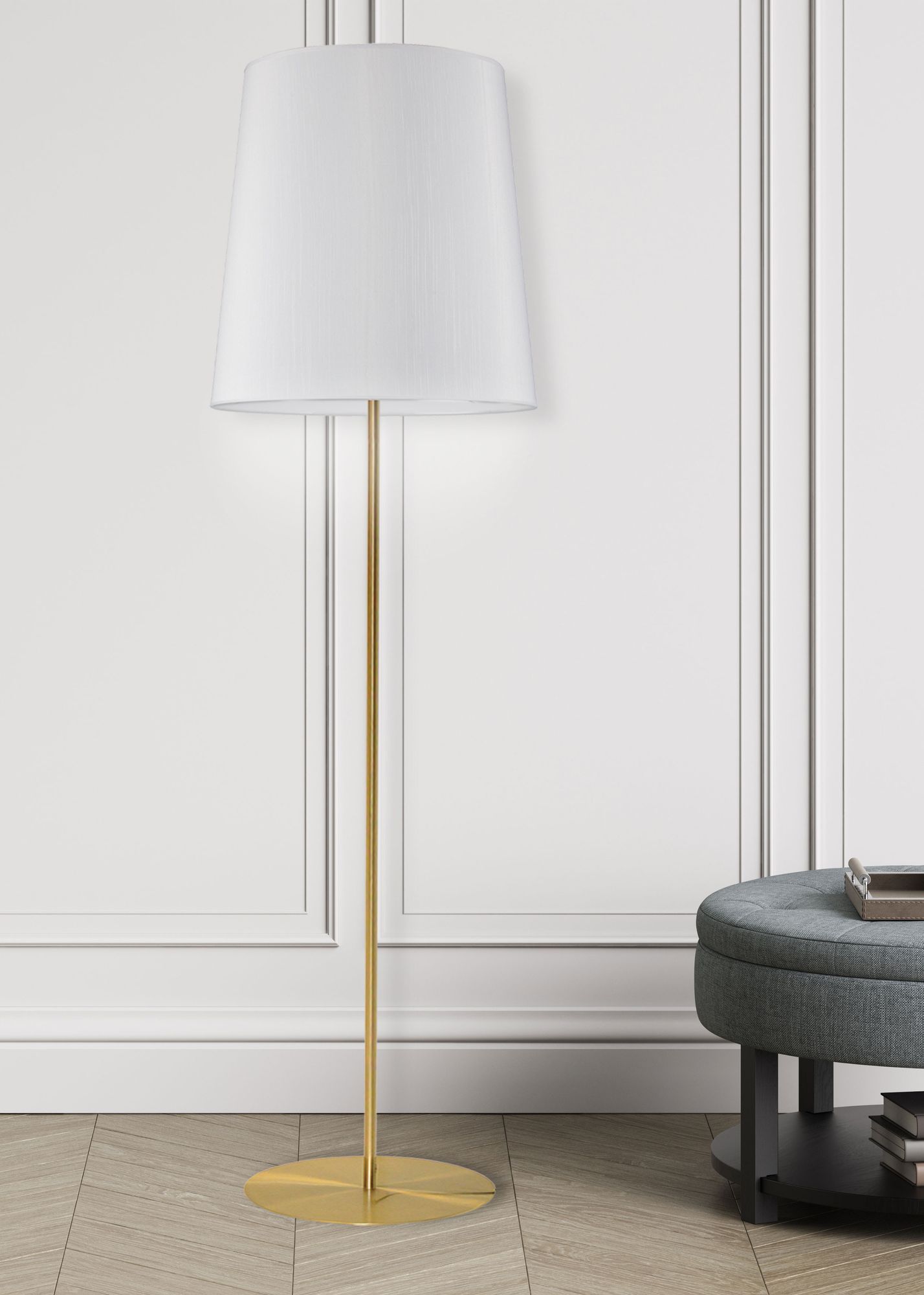 Aged Brass Metal Modern Floor Lamp with White Drum Shade