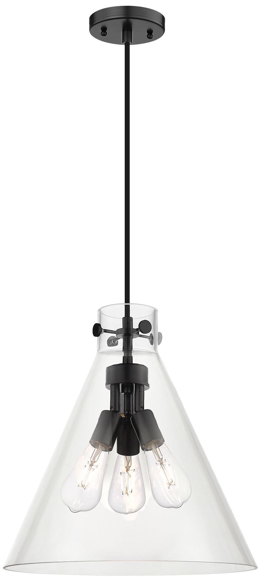 Newton Cone 16" Wide 3 Light Cord Hung Matte Black Pendant With Clear