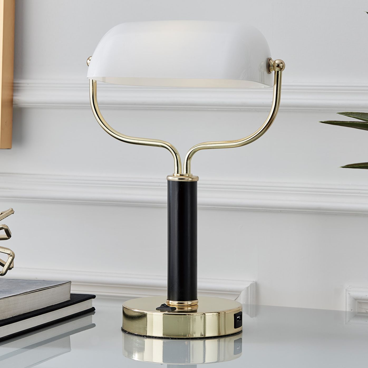 Yanni Black and Gold Banker Desk Lamp with USB Port