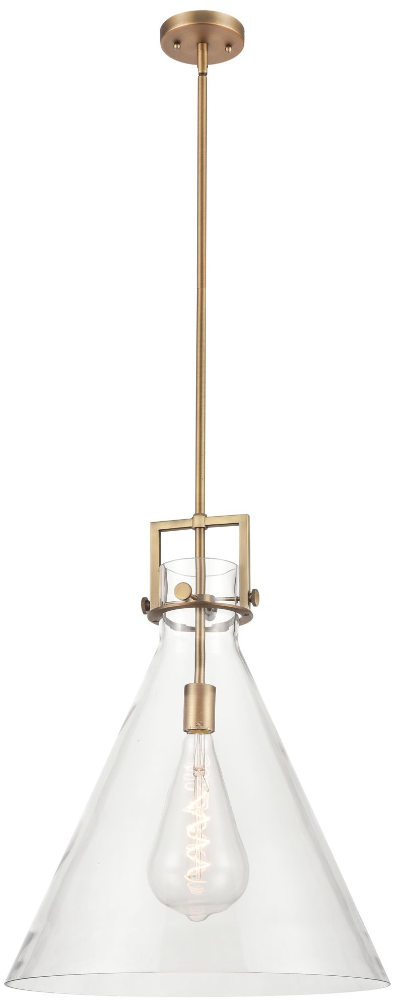 Newton Cone 18" Wide Stem Hung Brushed Brass Pendant With Clear Shade