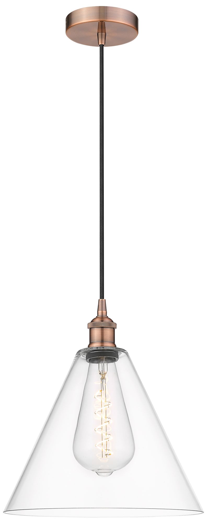 Edison Glass Cone 12" Antique Copper Cord Hung Mini Pendant w/ Clear S