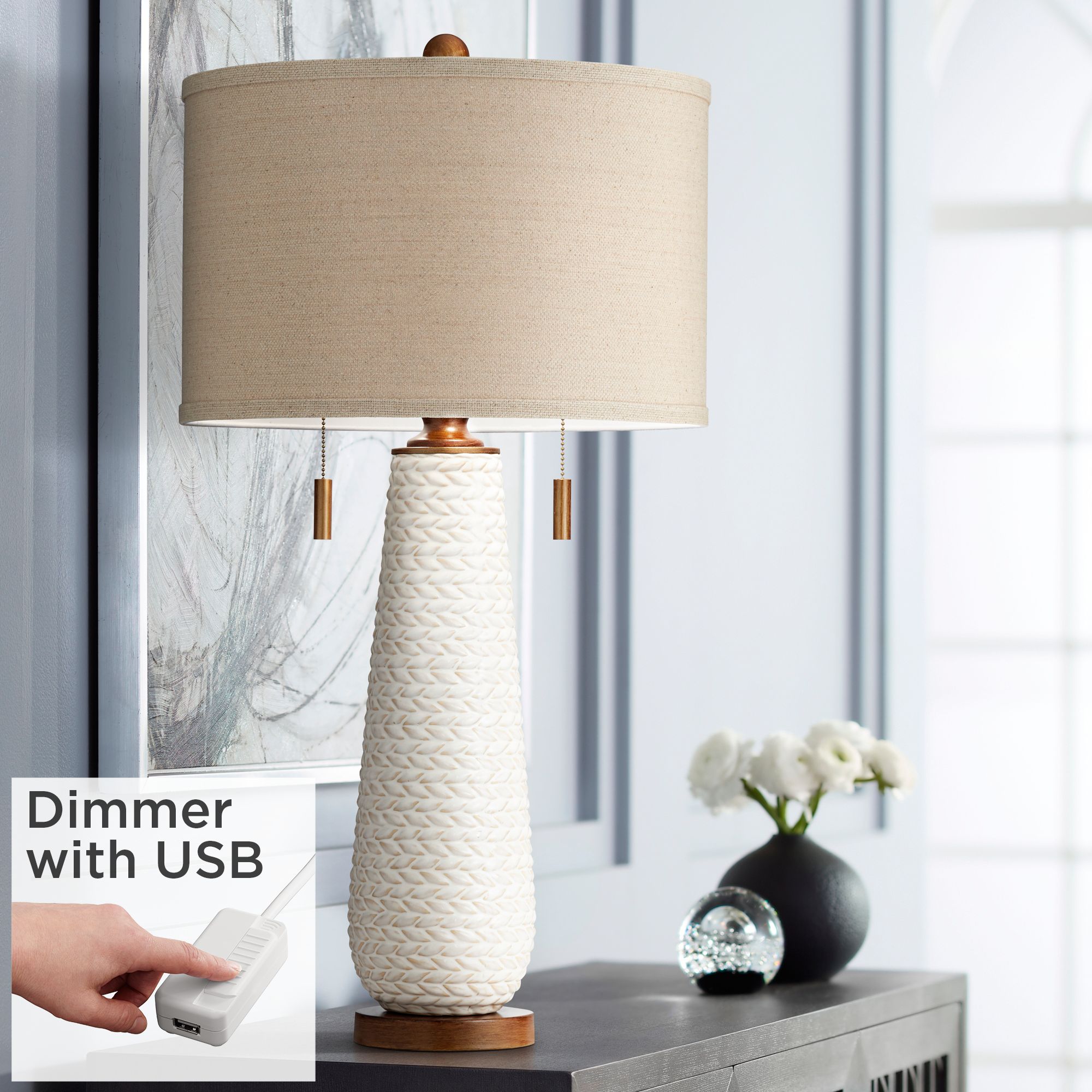 Kingston White Ceramic Pull Chain Table Lamp With USB Dimmer