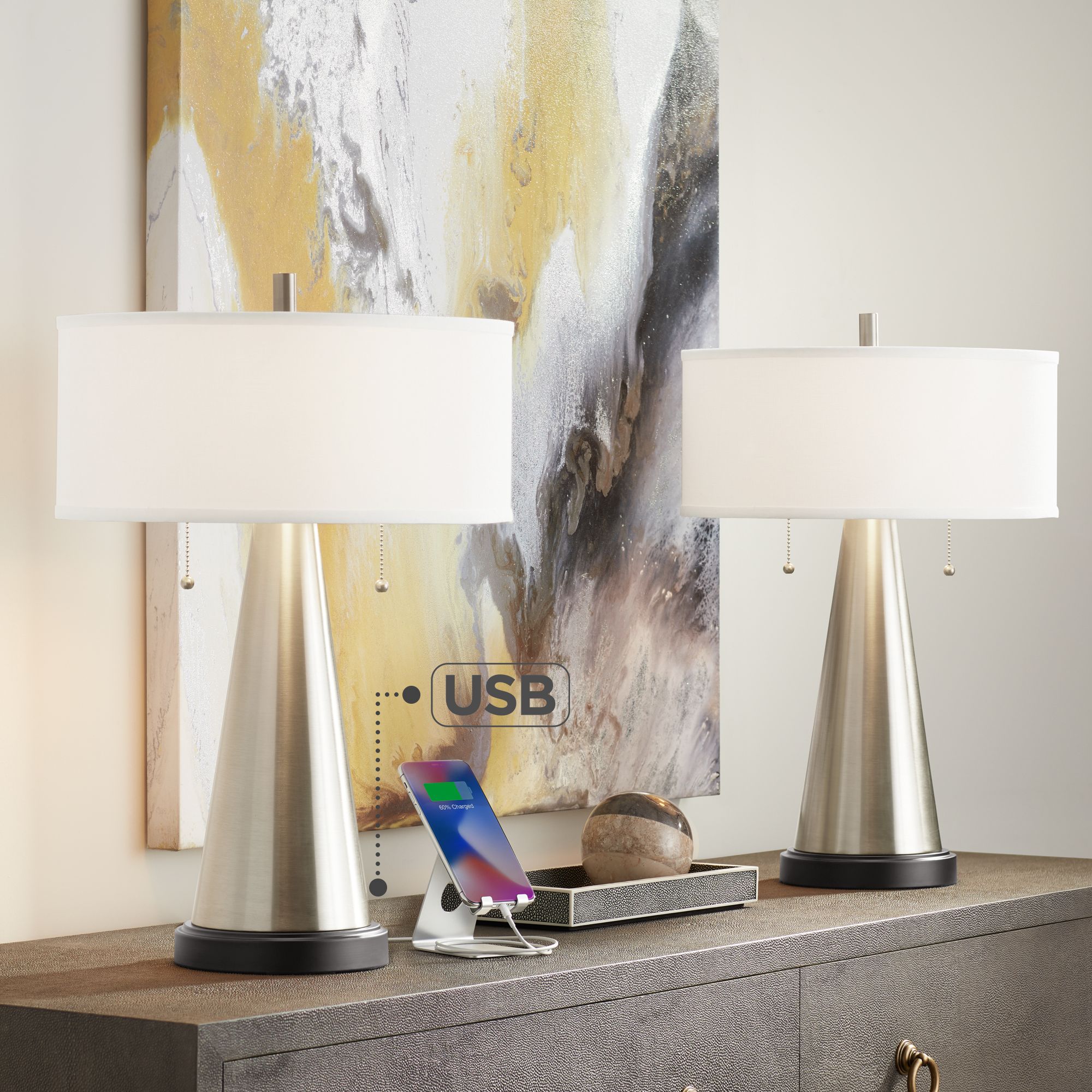 Craig Brushed Nickel Modern USB Table Lamps Set of 2