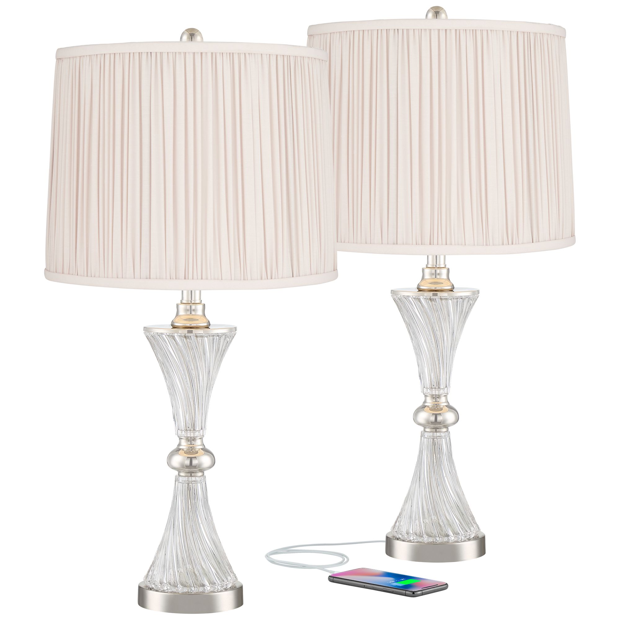 Luca Glass Chrome and Oyster Shade USB Table Lamps Set of 2