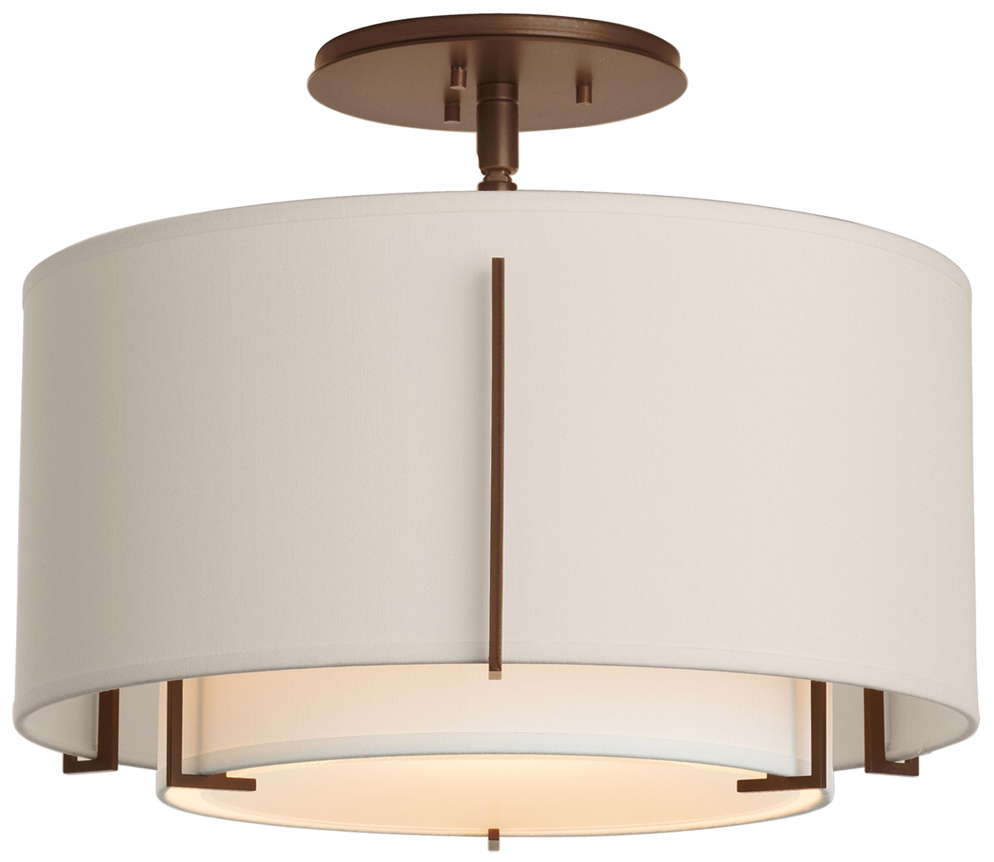 Exos Small Double Shade Semi-Flush - Bronze Finish - Natural & Flax Sha