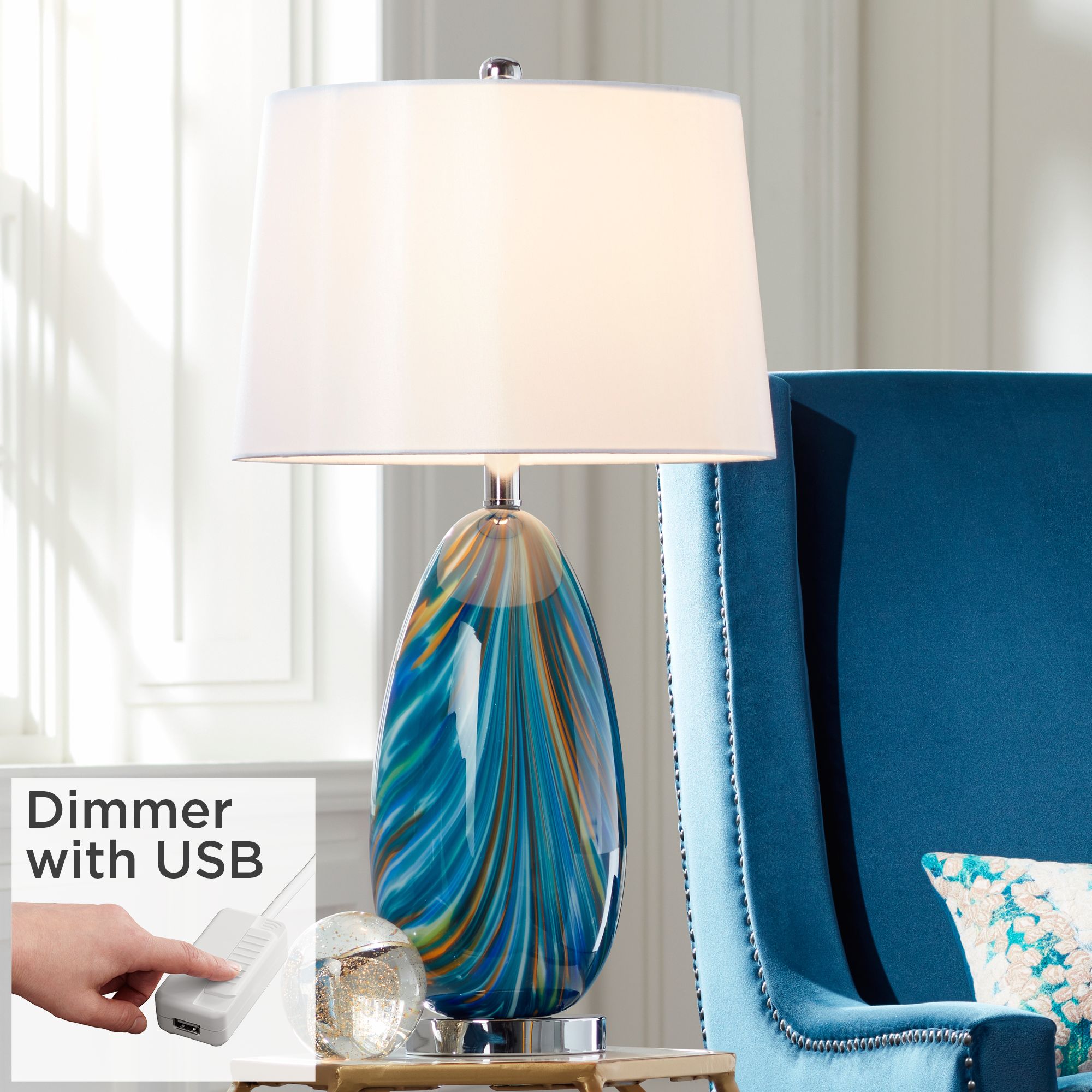 Possini Euro Pablo Blue Art Glass Table Lamp with Dimmer with USB Port