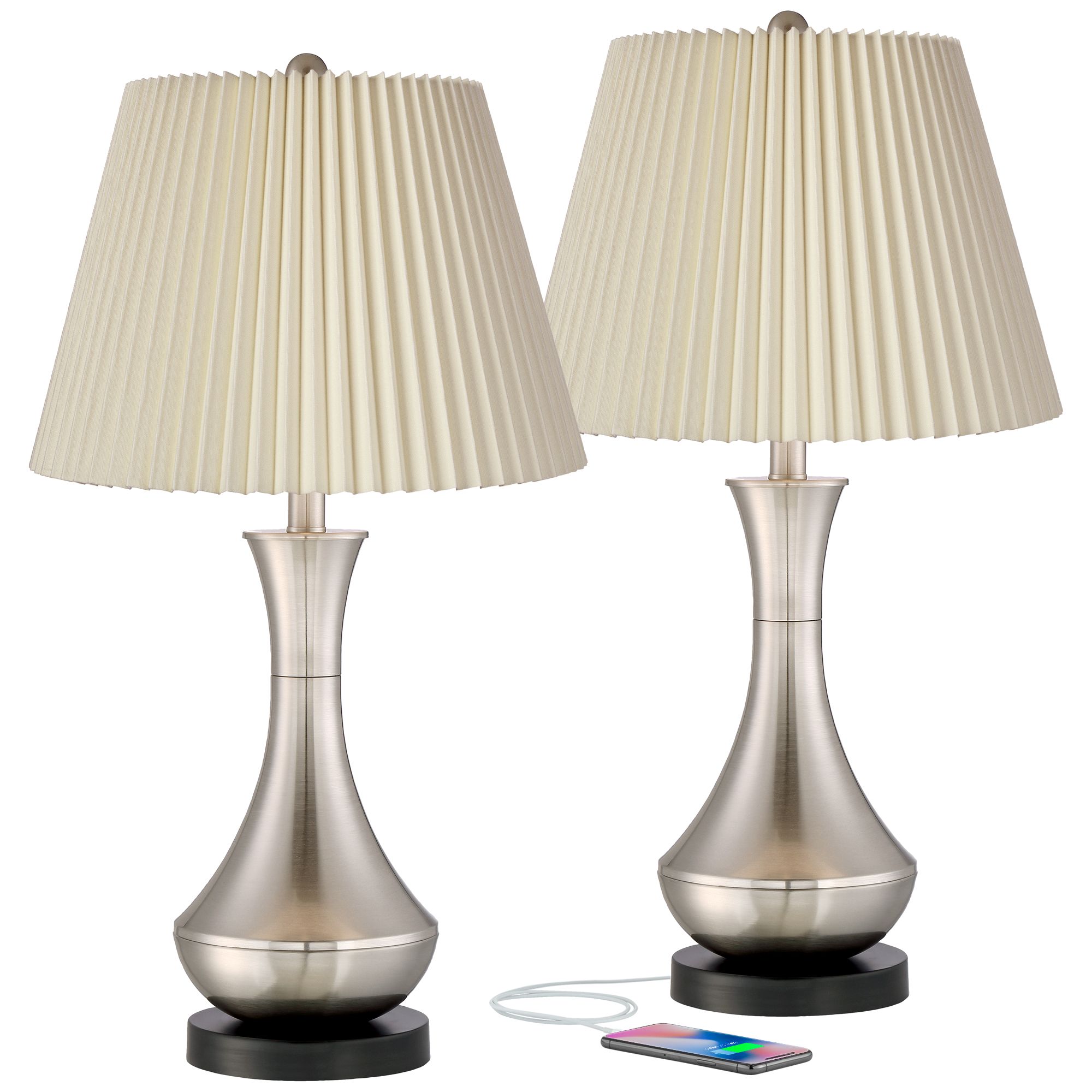 Simon Brushed Nickel USB Table Lamps with Linen Pleated Shades Set of 2