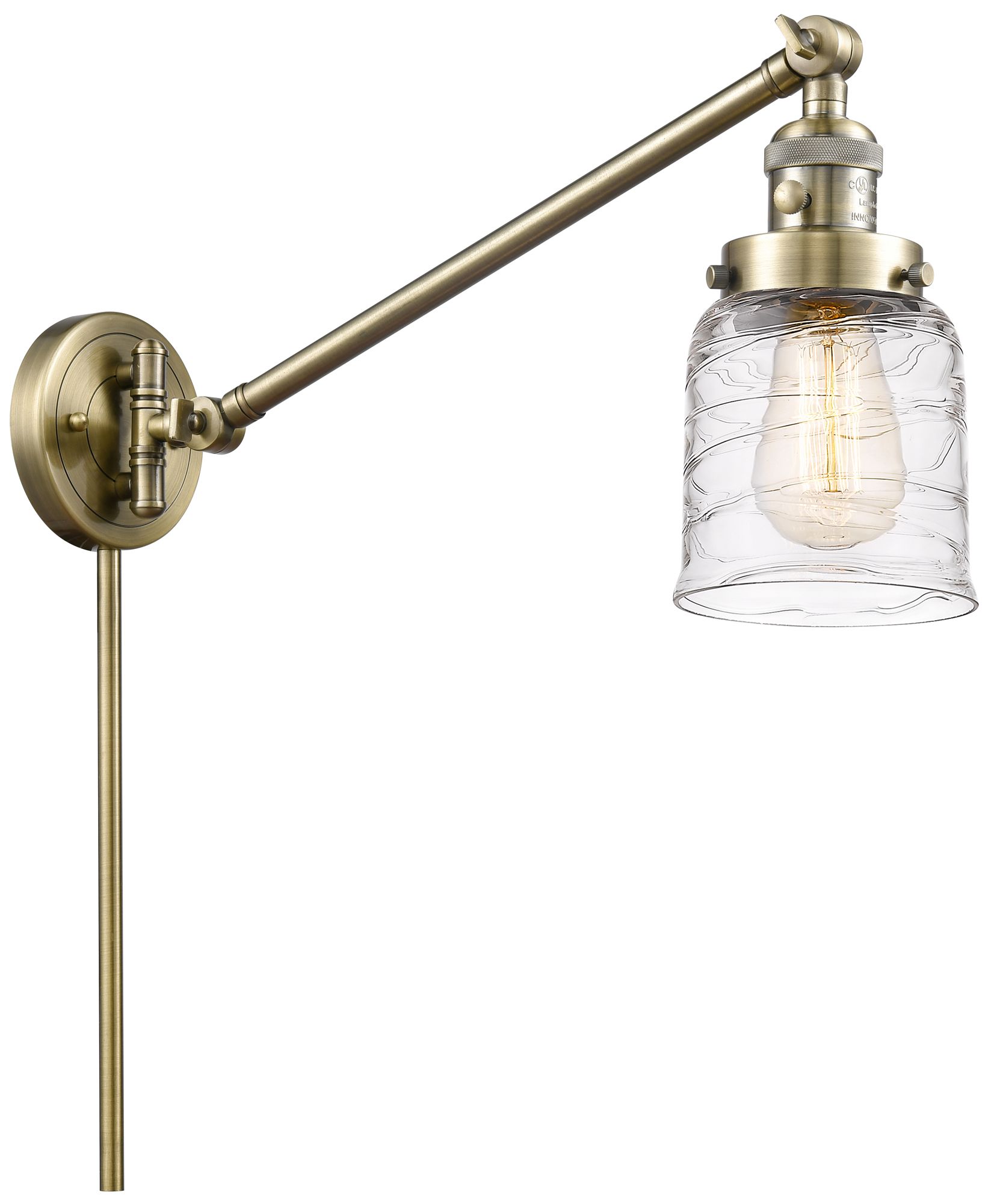 Bell 8" Antique Brass LED Swing Arm With Deco Swirl Shade