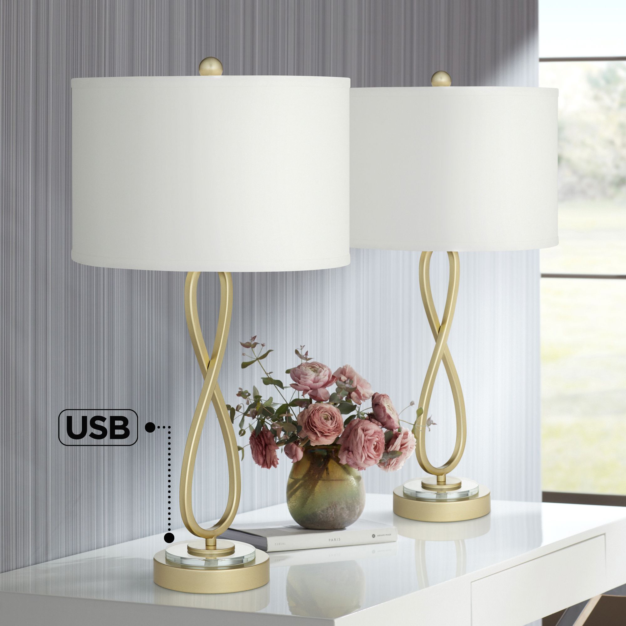 Infinity Gold Finish Luxe Modern Table Lamps Set of 2
