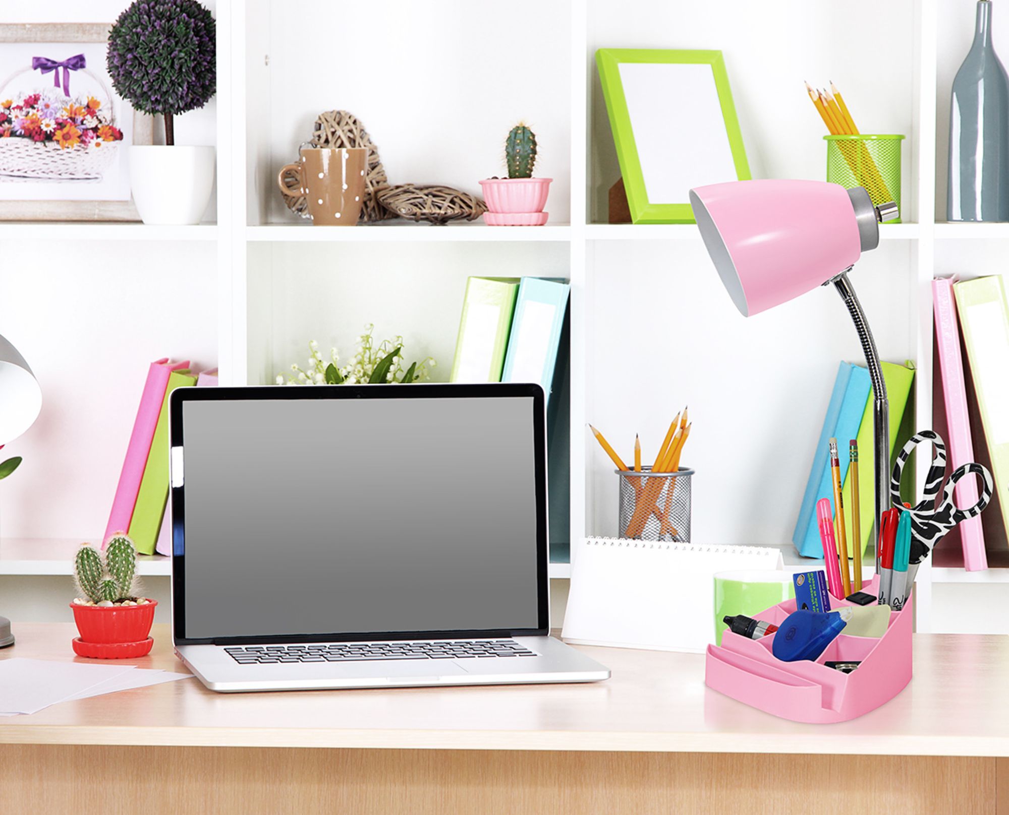 LimeLights Pink Gooseneck Organizer Desk Lamp with Outlet