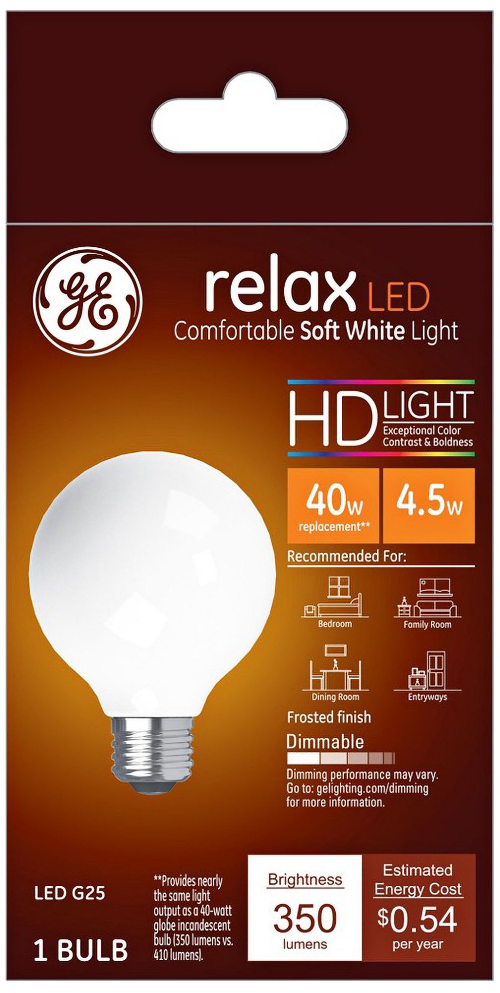 40W Equivalent GE Frosted 5W LED Dimmable Standard G25
