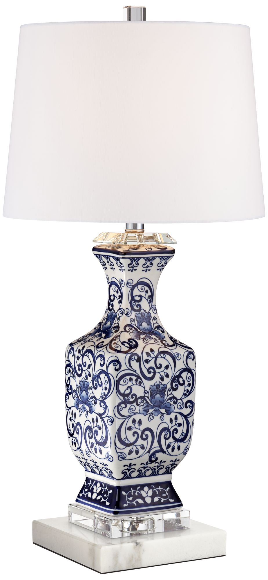 Iris Blue and White Traditional Table Lamp with Square White Marble Riser