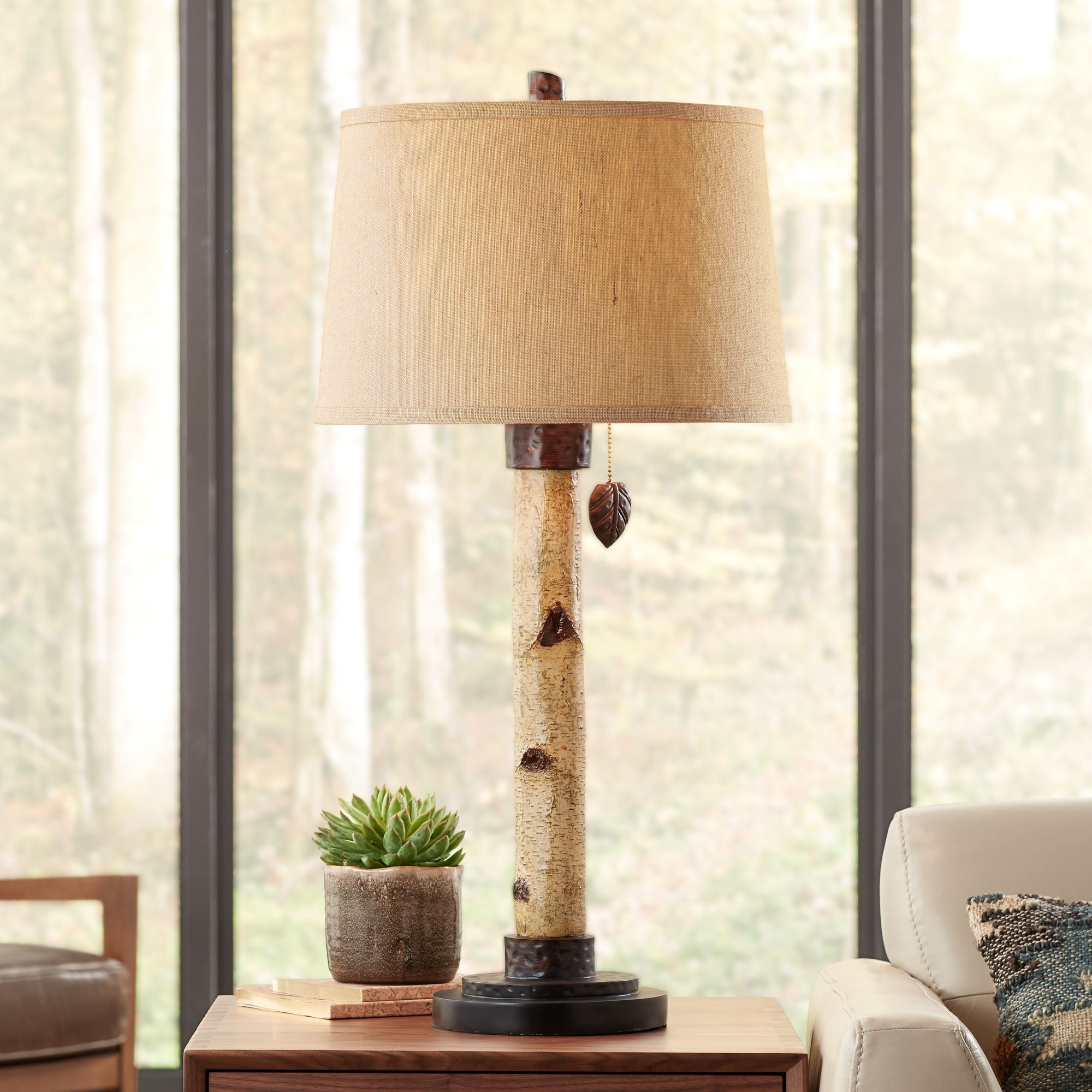 Birch Tree Natural Column Table Lamp with Pull Chain