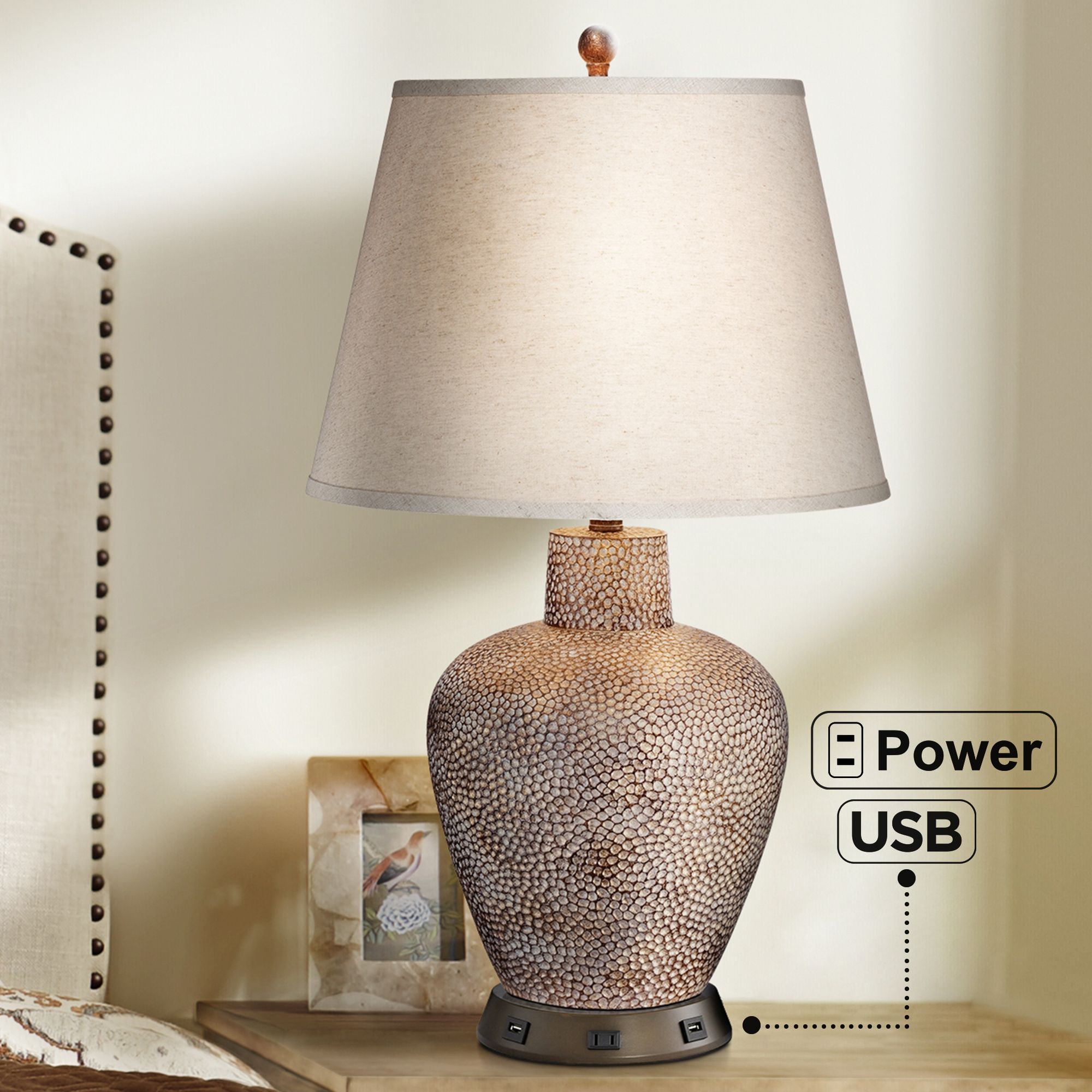 Bentley Brown Hammered Pot Table Lamp with USB Workstation Base