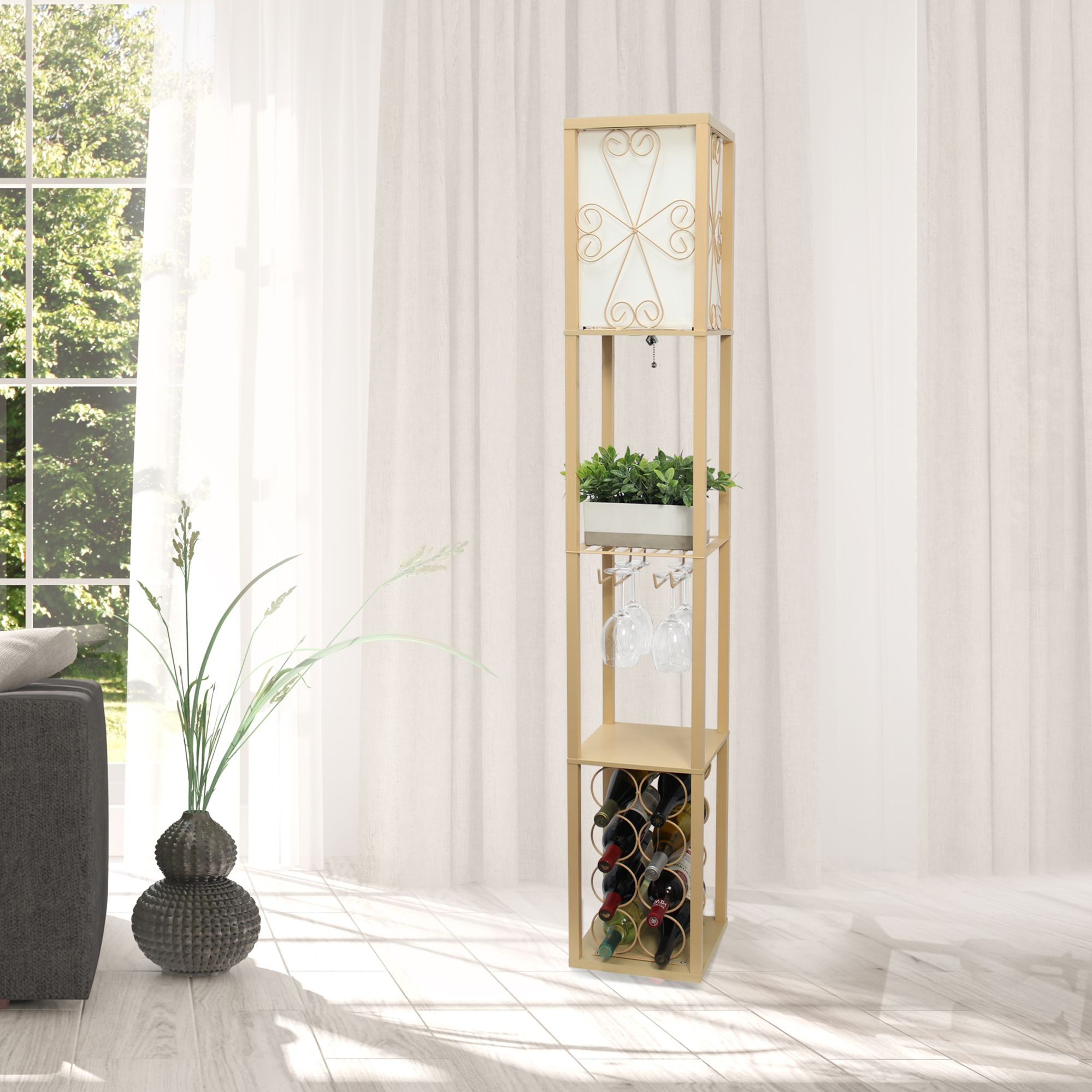 Simple Designs Tan Etagere Floor Lamp with Storage and Shelf