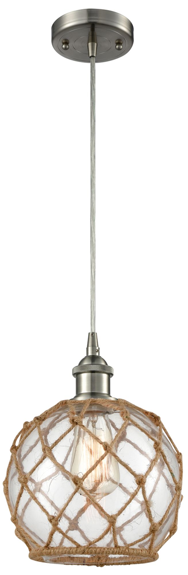 Farmhouse 8" LED Mini Pendant - Satin Nickel - Clear Glass - Brown