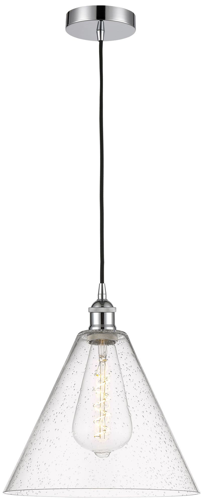 Edison Glass Cone 12" Polished Chrome Cord Hung Mini Pendant w/ Seedy