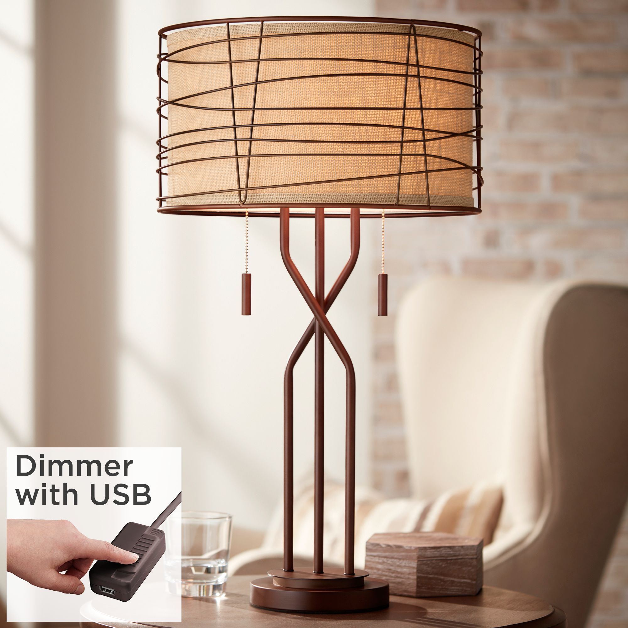 Marlowe Bronze Woven Metal Table Lamp with USB Dimmer Cord