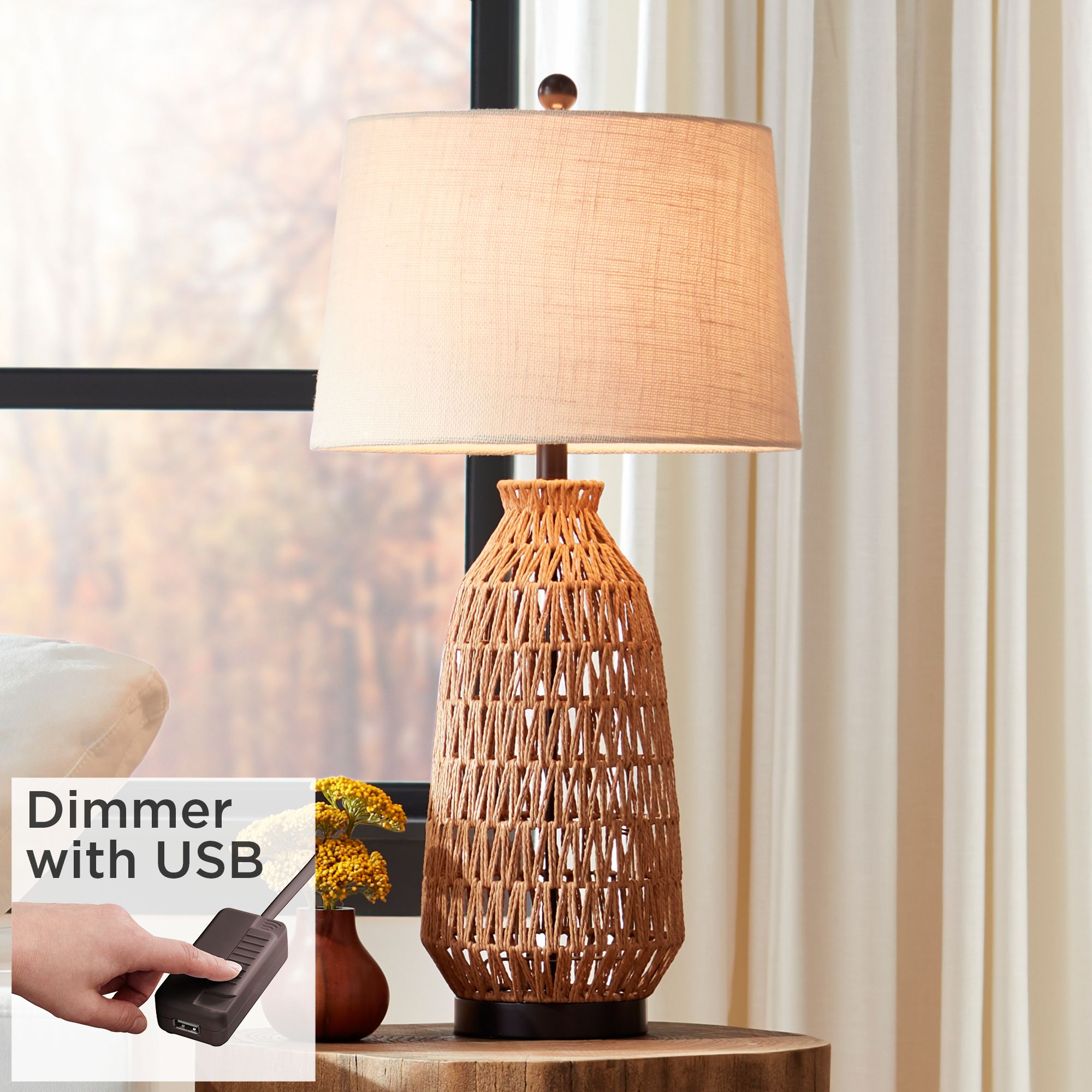 San Carlos Rattan Wicker Coastal Table Lamp with USB Cord Dimmer