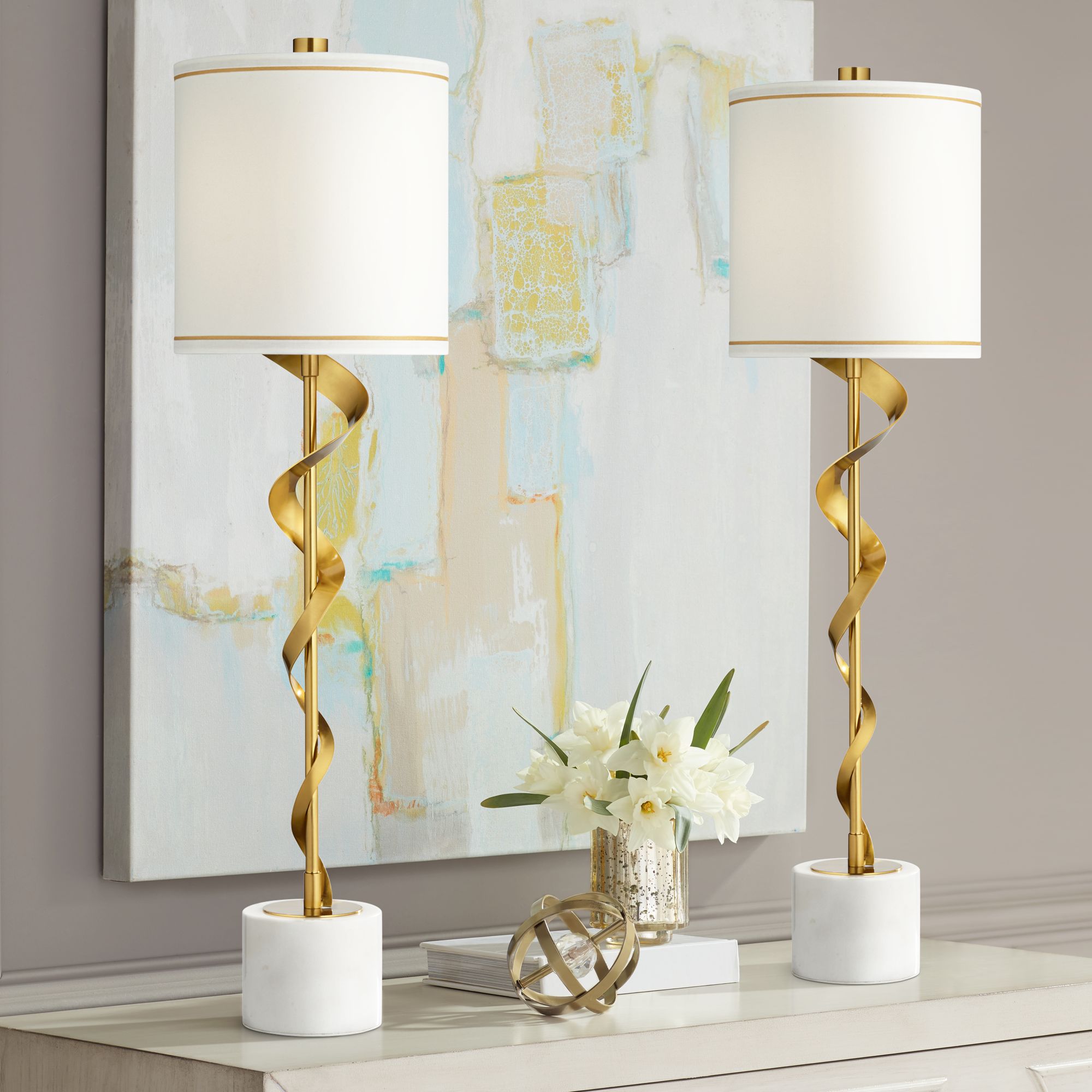 Possini Euro Ribbon Marble and Gold Modern Luxe Table Lamps Set of 2