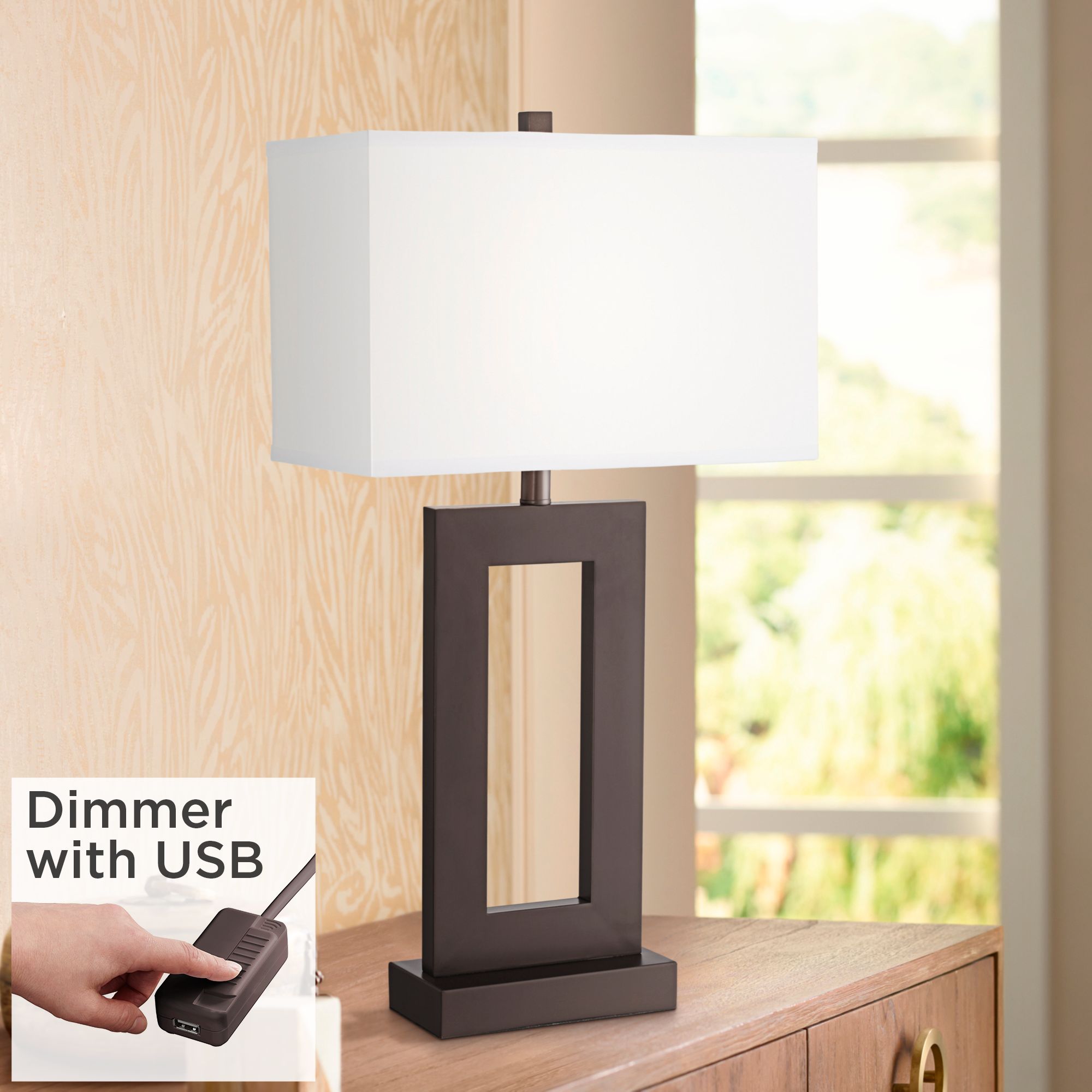 Marshall Open Window Rectangular Bronze Table Lamp with USB Cord Dimmer