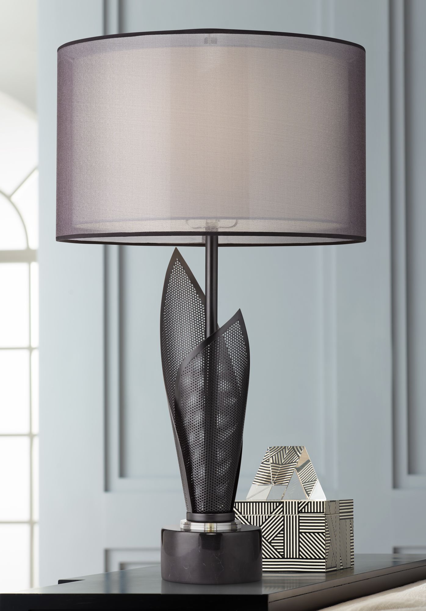 Possini Euro Sasha Black Marble Sculpture Table Lamp with Double Shade