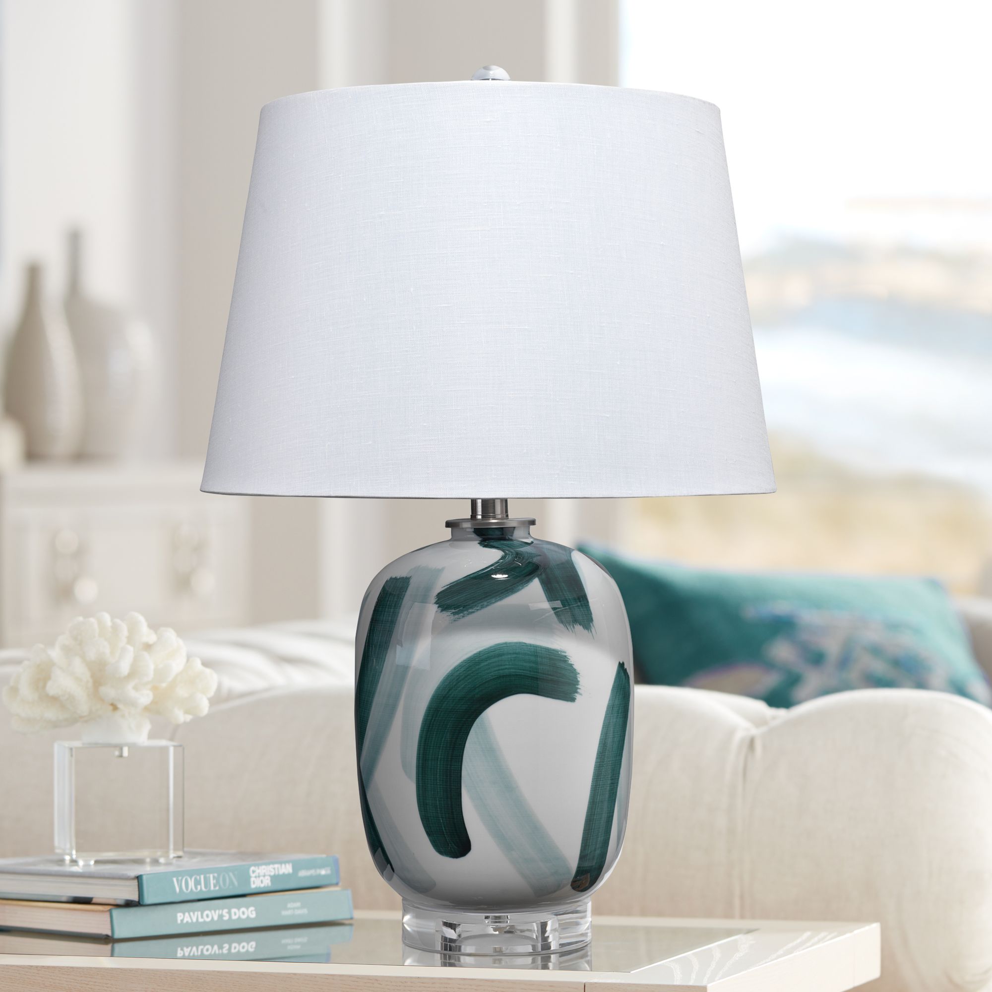 Jamie Young Graphic Teal White Ceramic Accent Table Lamp