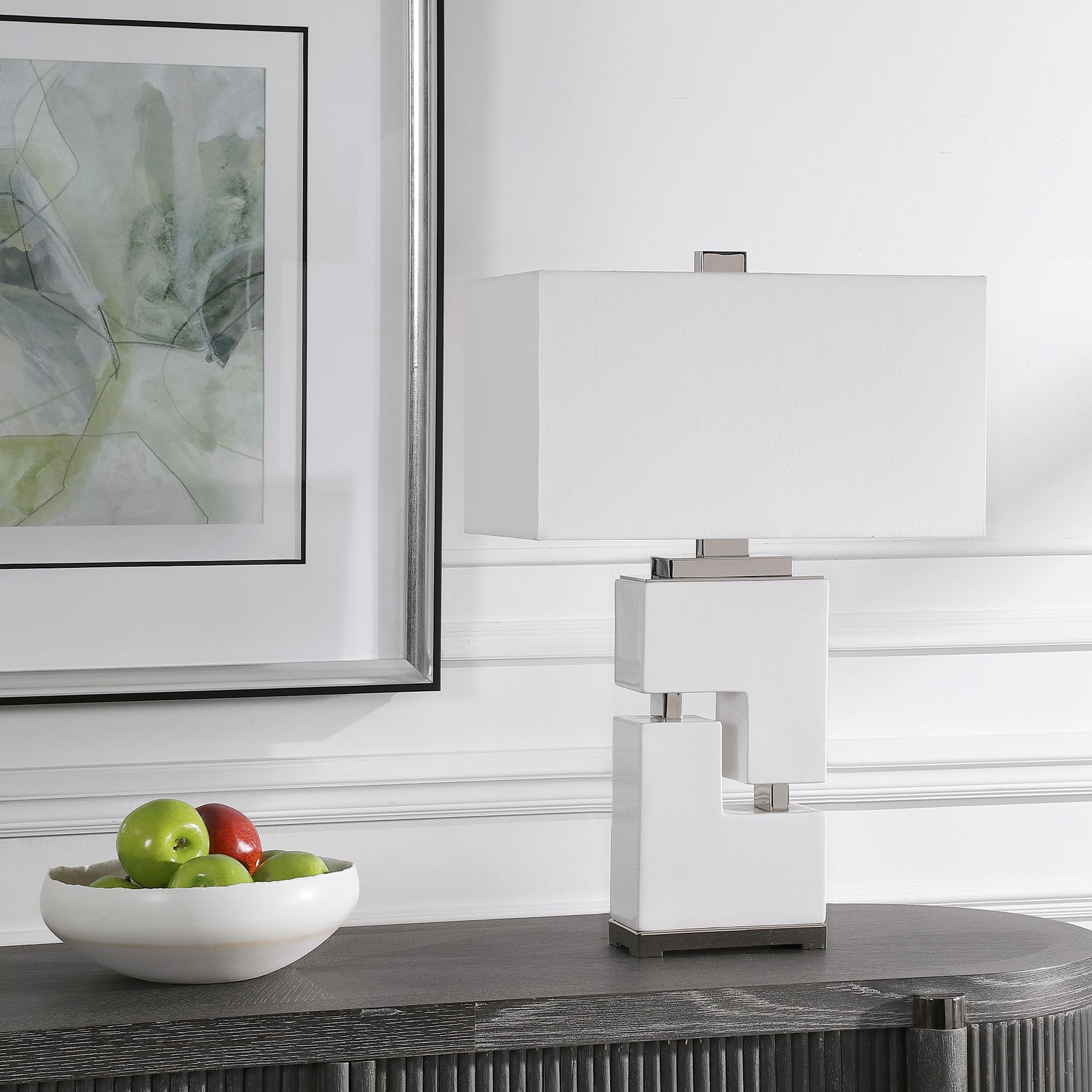 Uttermost Tetris Gloss White Glaze Ceramic Table Lamp