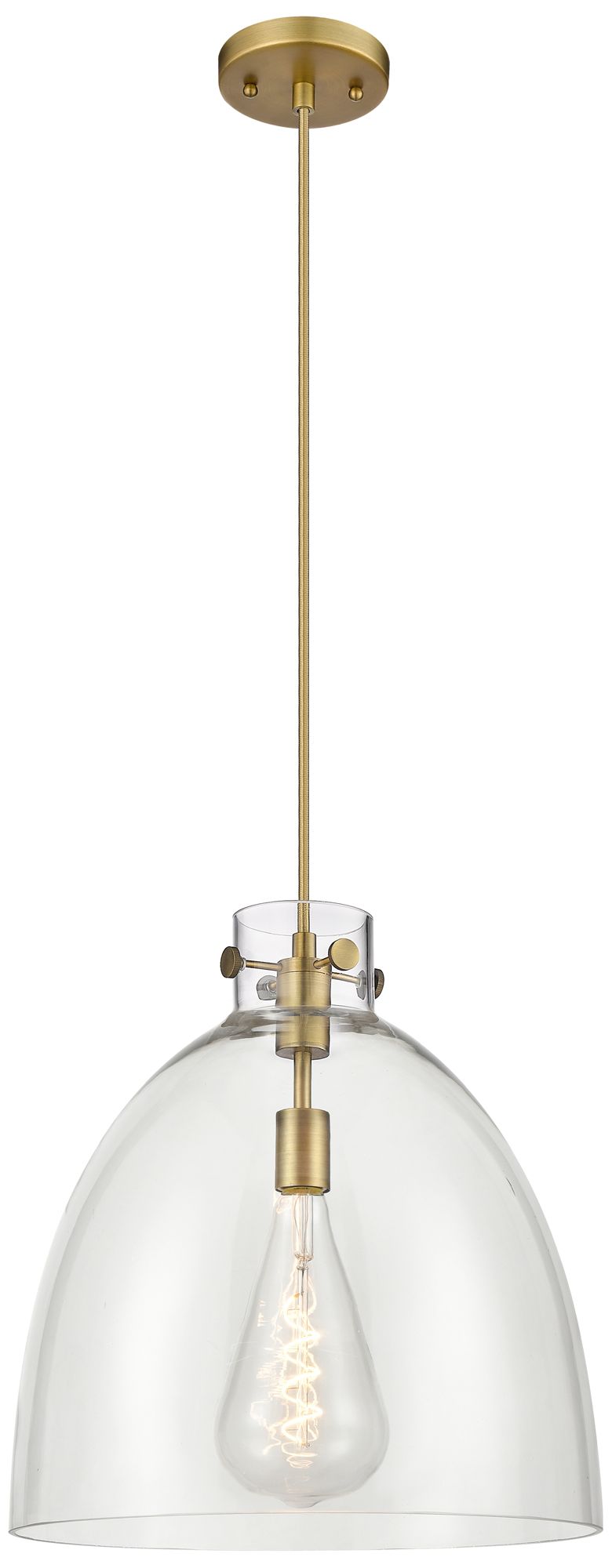 Newton Bell 16" Wide Cord Hung Brushed Brass Pendant With Clear Shade