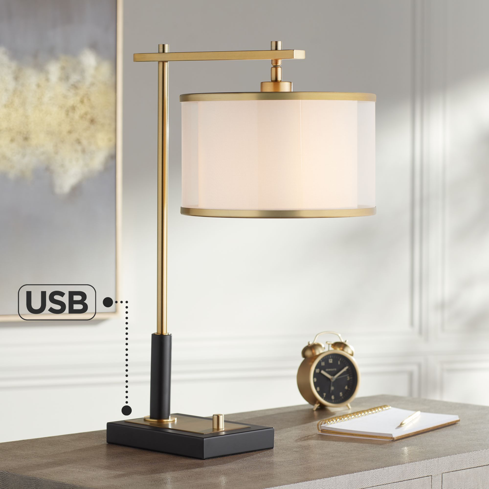 Possini Euro Hayven Desk Lamp With Dual USB Ports in Warm Gold with Black