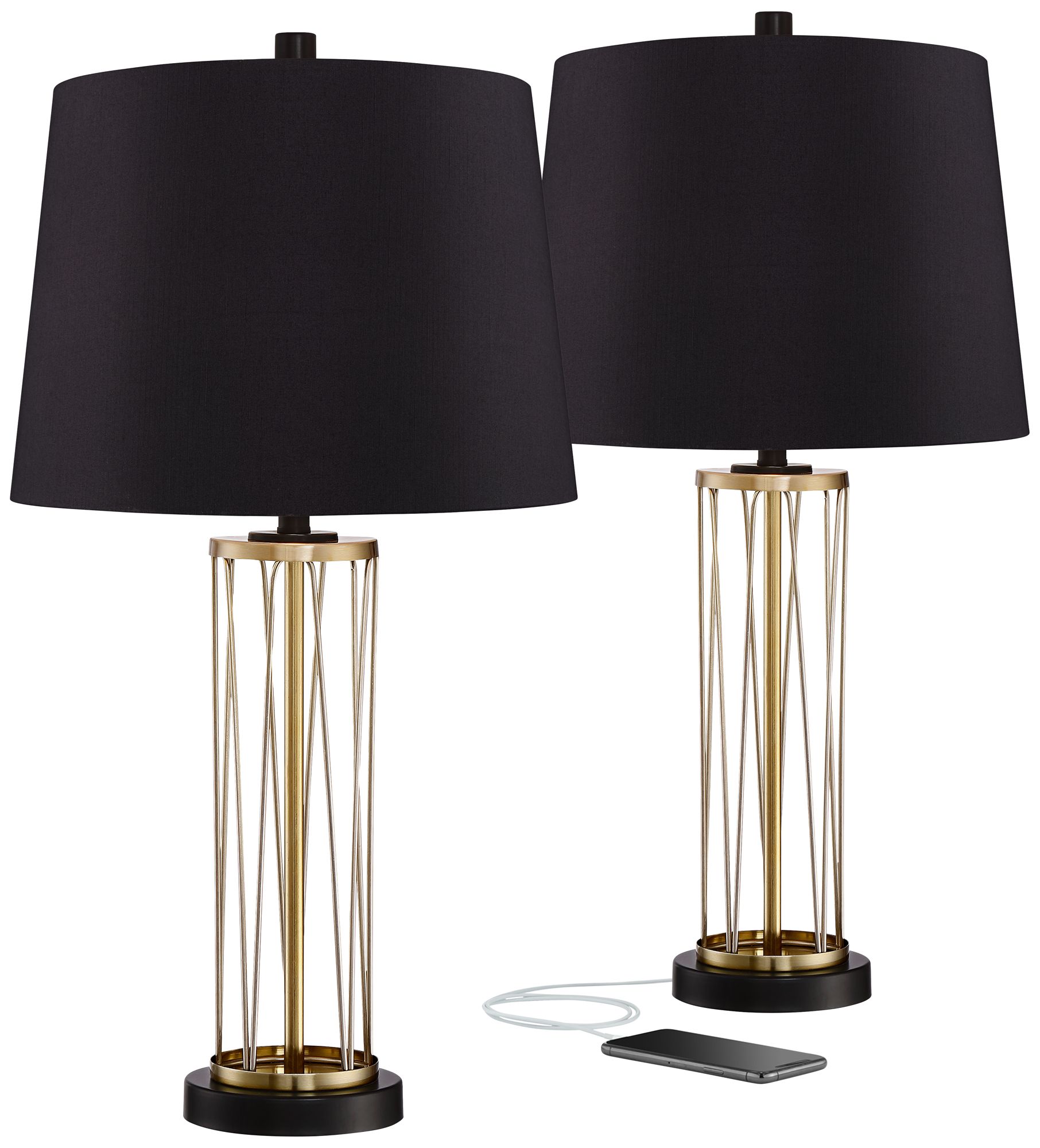 Nathan Gold Cage USB Black Shade Table Lamps Set of 2