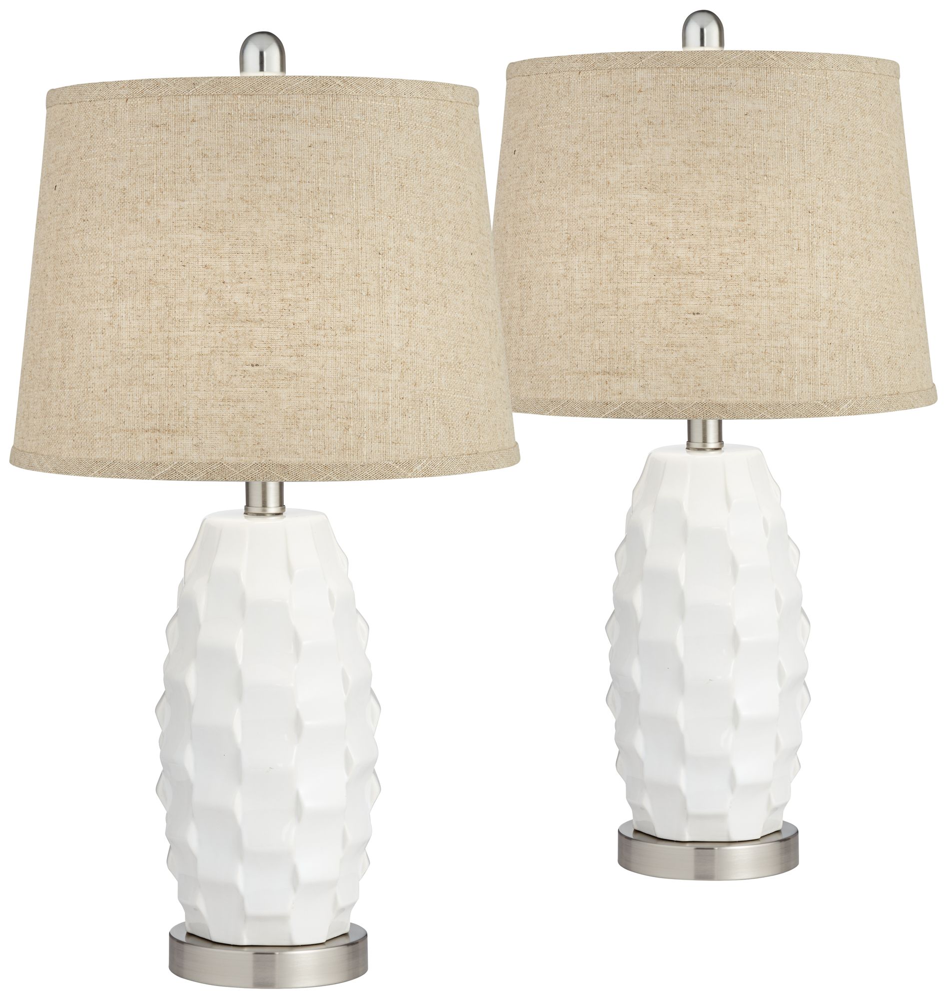 Scalloped Ceramic LED Burlap Linen Table Lamps Set of 2