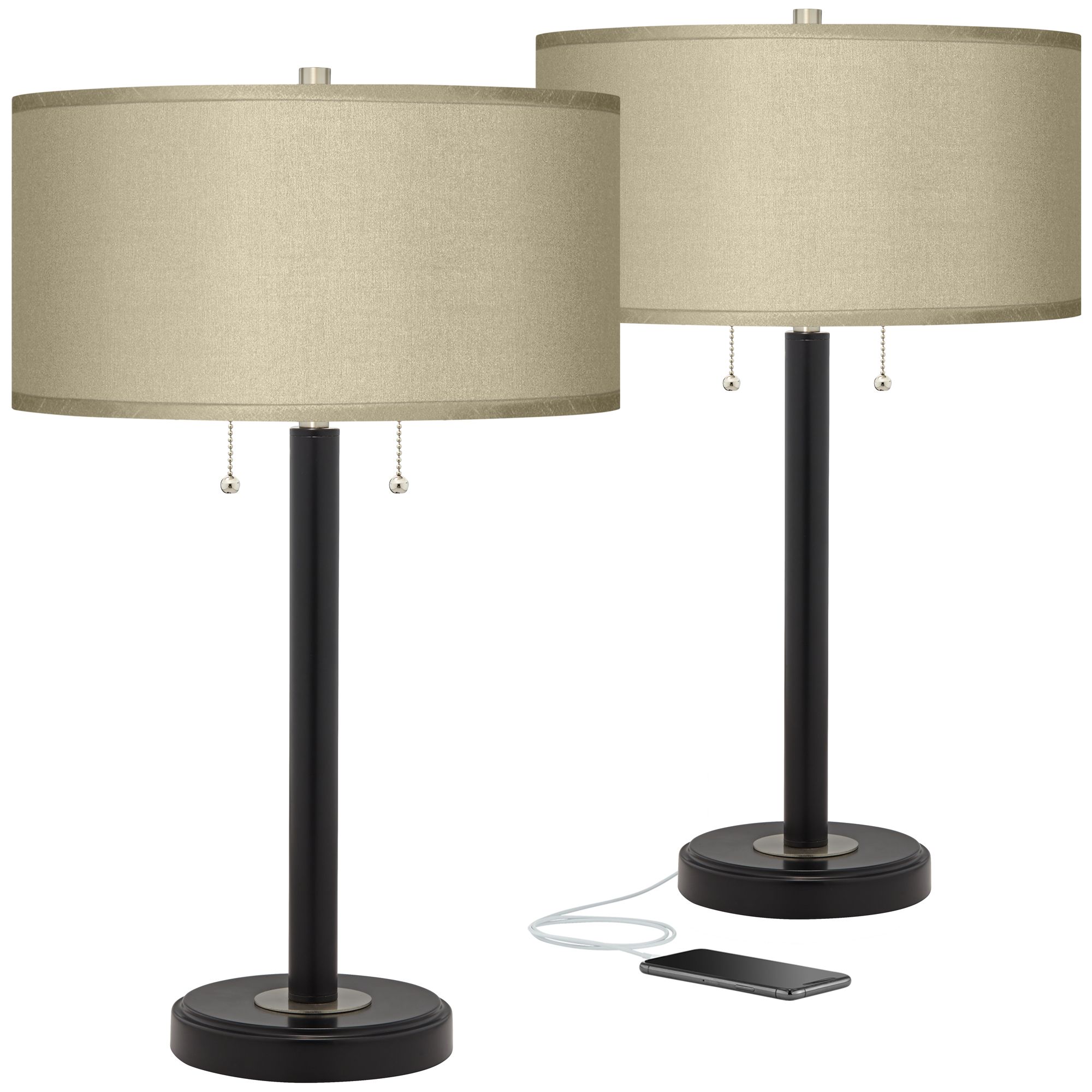 Possini Euro Taupe Faux Silk and Bronze USB Table Lamps Set of 2