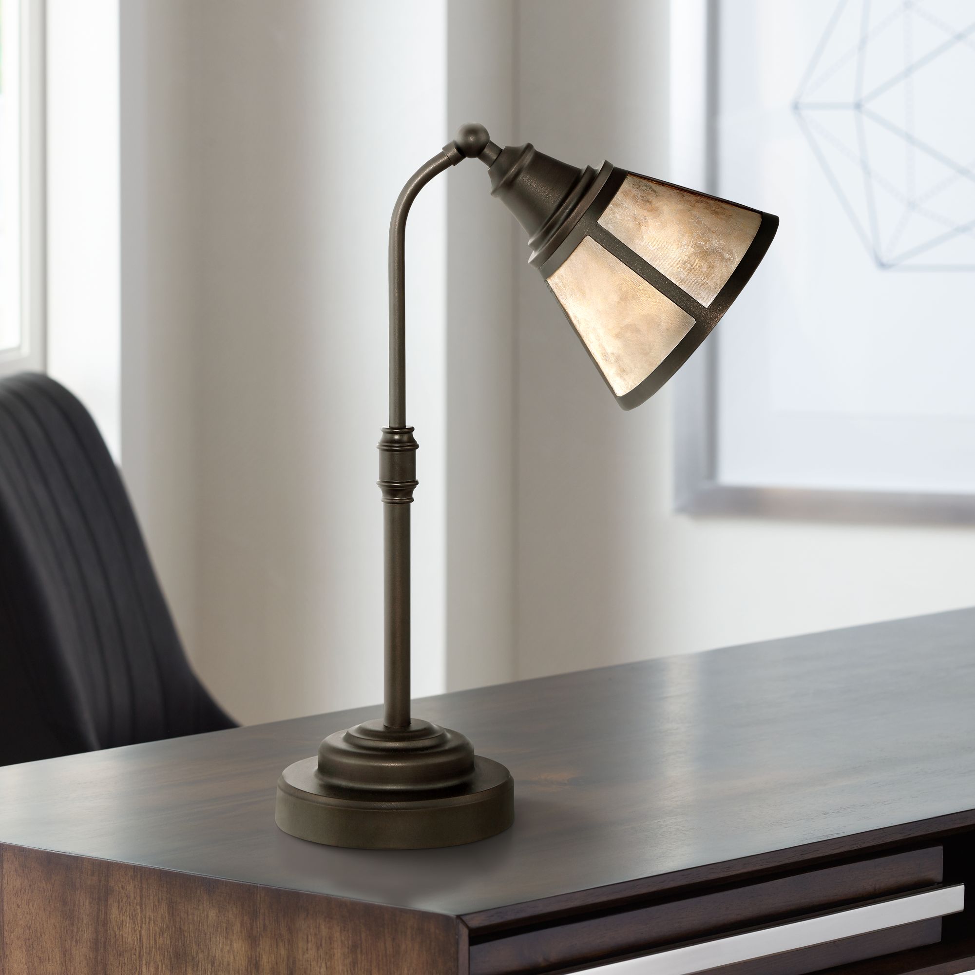 Malta Satin Bronze Adjustable Desk Lamp with Mica Shade