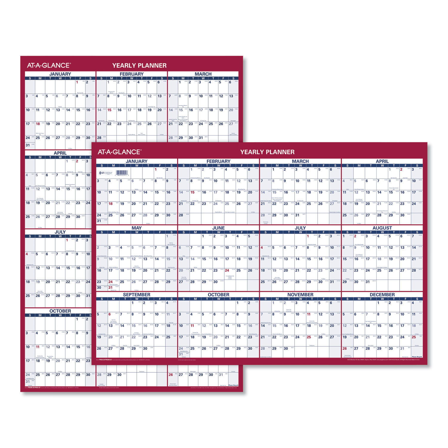 Erasable Vertical/Horizontal Wall Planner 24 x 36, White/Blue/Red Sheets, 12-Month (Jan to Dec): 2024