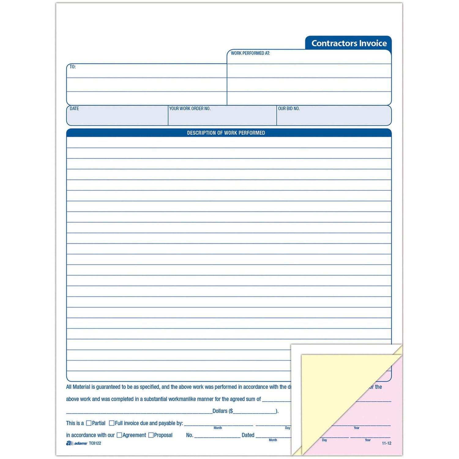 Contractor's Invoice Book 50 Sheet(s), 3 PartCarbonless Copy, 8 3/8" x 11" Sheet Size, White, 1 Each