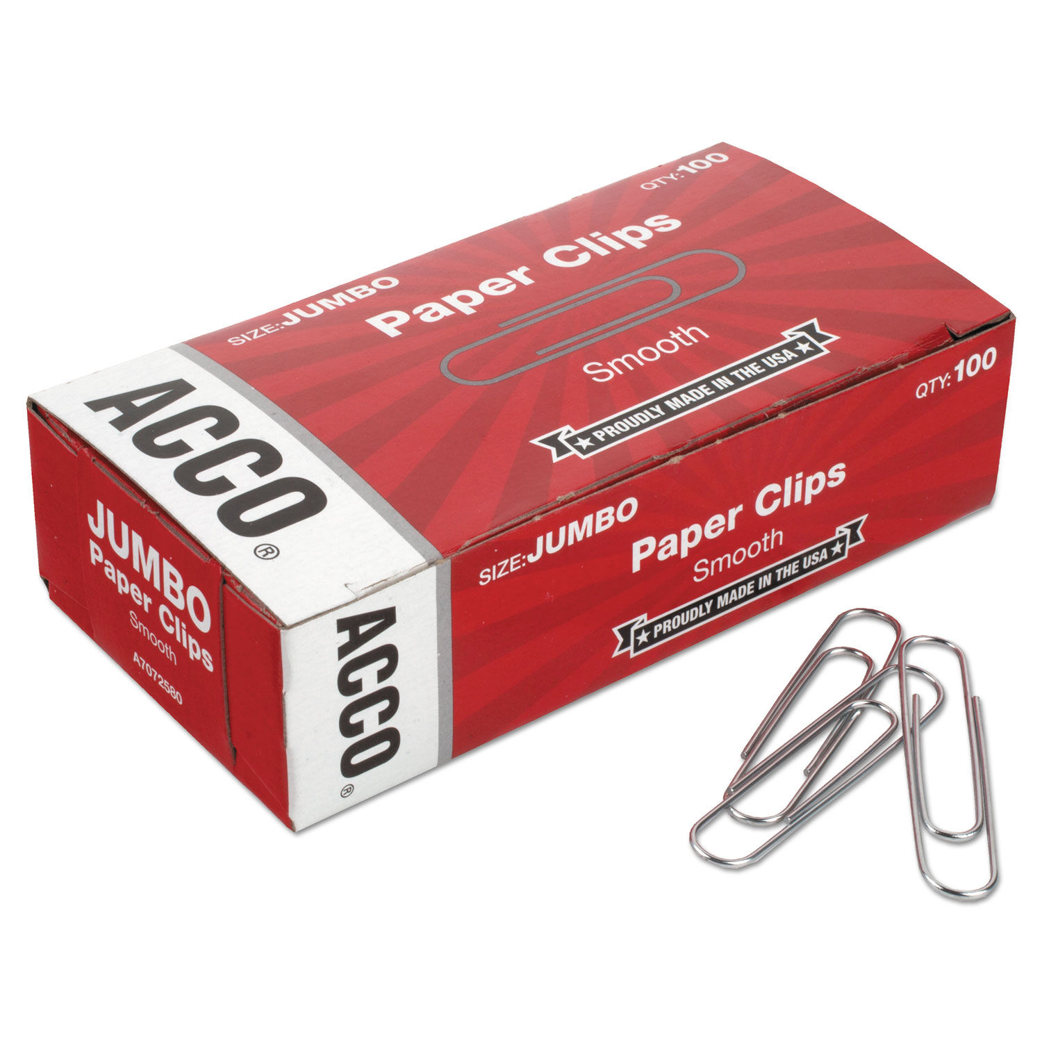 Paper Clips Jumbo, Smooth, Silver, 100 Clips/Box, 10 Boxes/Pack