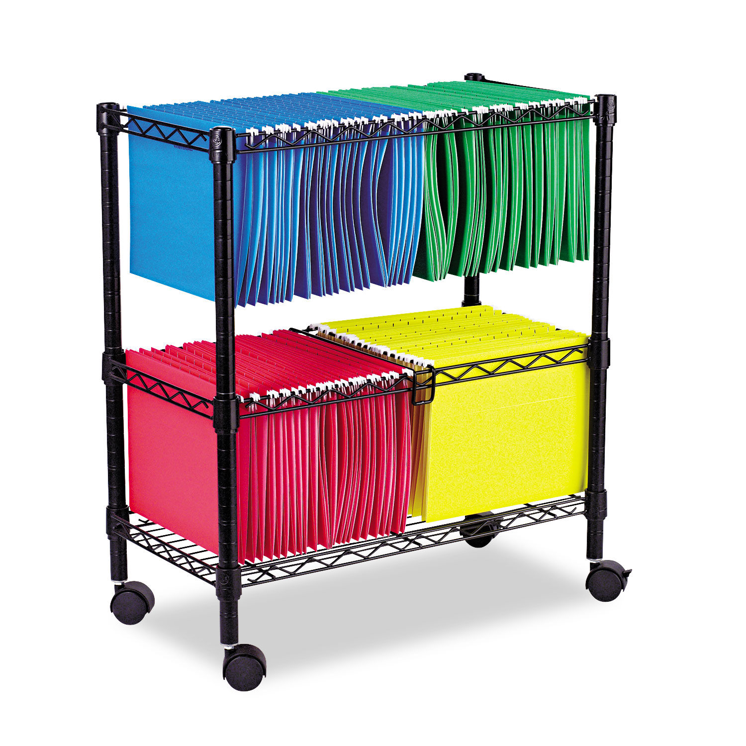 Two-Tier File Cart for Front-to-Back + Side-to-Side Filing Metal, 1 Shelf, 3 Bins, 26" x 14" x 29.5", Black