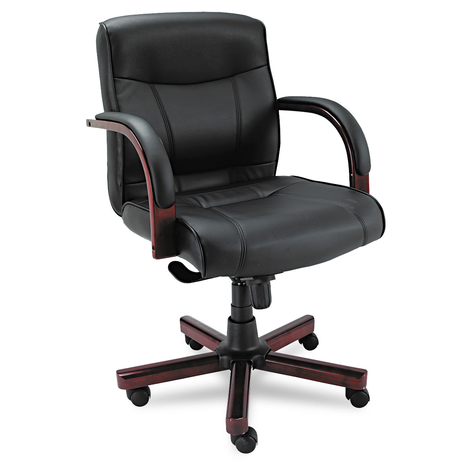 Alera Madaris Series Mid-Back Knee Tilt Bonded Leather Chair Wood Trim, Supports 275 lb, Black Seat/Back, Mahogany Base